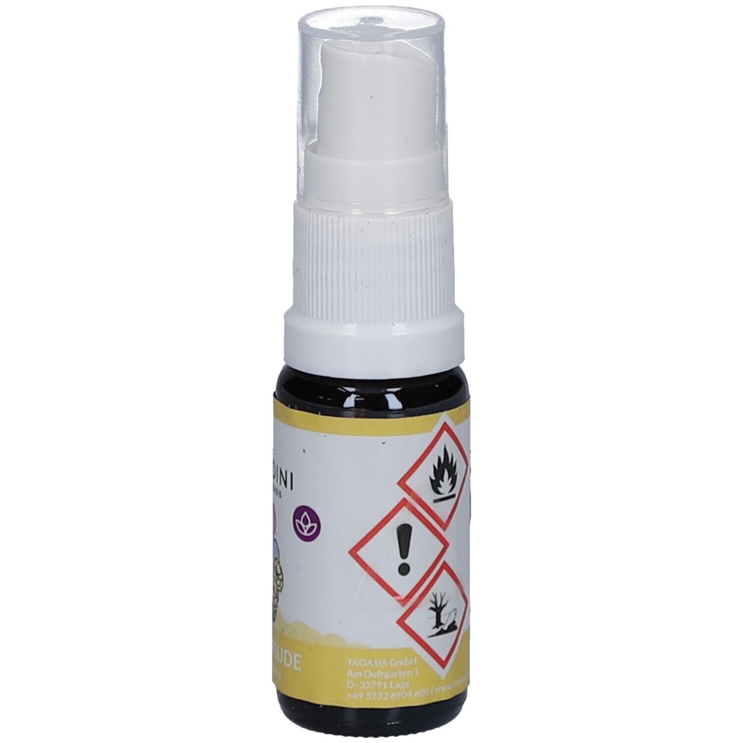 Flacon en verre brun avec vaporisateur blanc. Étiquette avec symboles de danger : flamme, point d'exclamation, arbre/poisson mort.