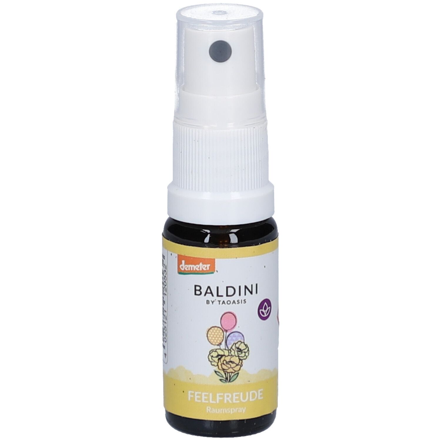 Flacon en verre brun avec vaporisateur blanc. Étiquette avec nom du produit, logo et motif floral. Certification Demeter.