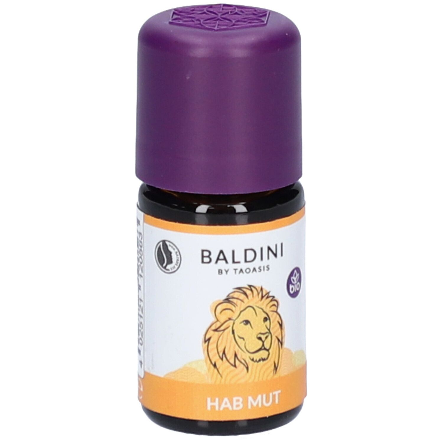 Flacon en verre brun avec bouchon violet. Étiquette avec illustration de lion et texte HAB MUT. Marque : Baldini.