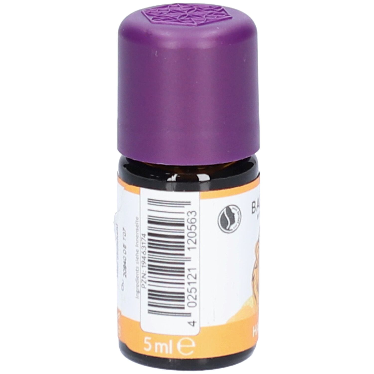 Flacon en verre brun avec bouchon violet. Étiquette avec code-barres et texte. Volume : 5 ml.