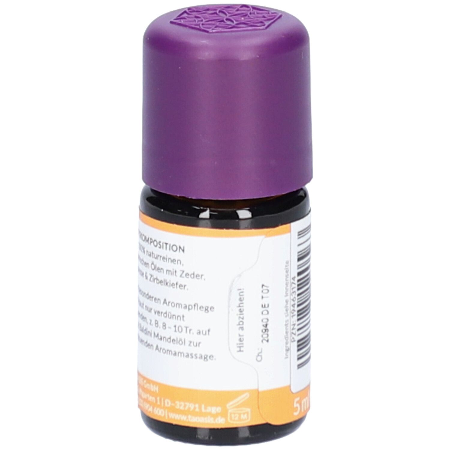 Flacon en verre brun avec bouchon violet. Étiquette avec informations sur le produit et volume : 5 ml.