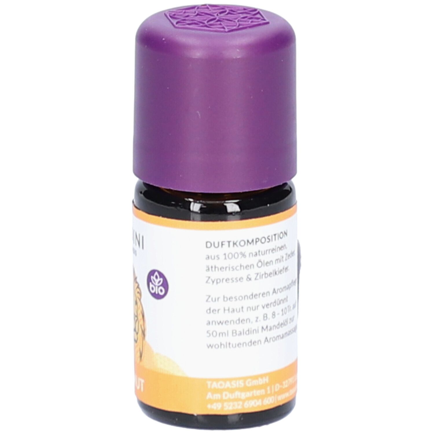 Flacon en verre brun avec bouchon violet. Étiquette avec informations sur le produit. Marque : Baldini.