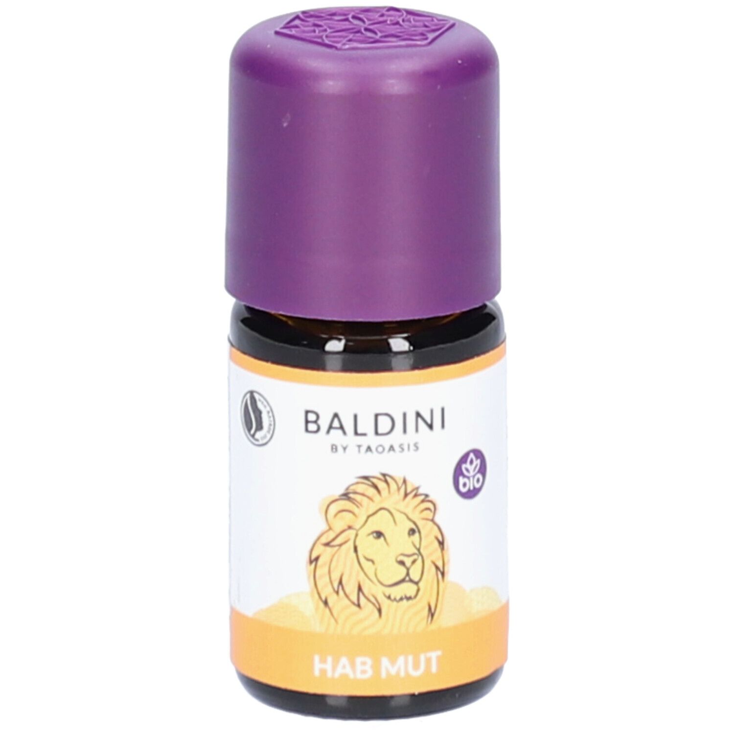Flacon en verre brun avec bouchon violet. Étiquette avec illustration de lion et texte HAB MUT. Marque : Baldini.