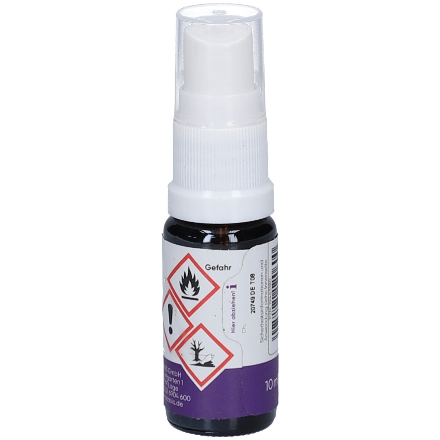 Flacon en verre brun avec vaporisateur blanc. Étiquette avec symboles de danger. Volume : 10 ml. Marque TAOASIS.