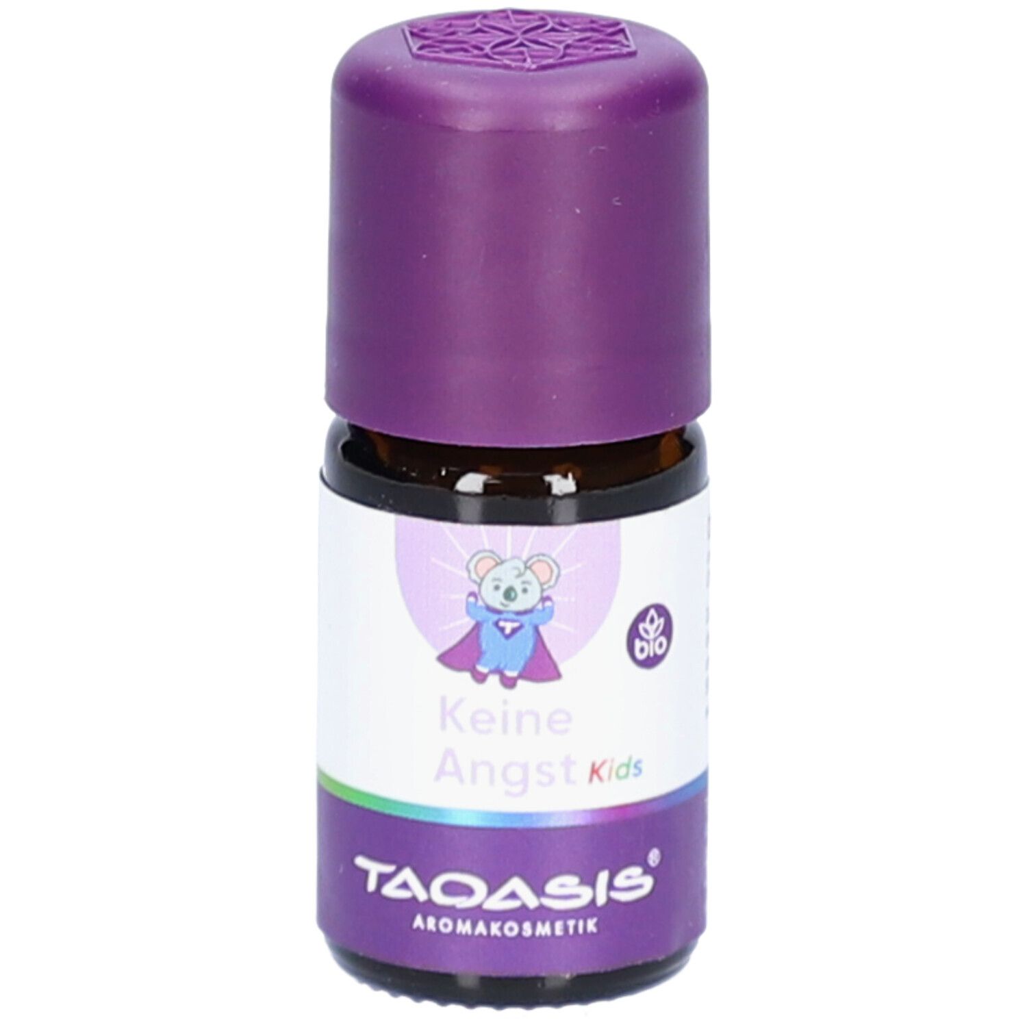 Flacon en verre brun avec bouchon violet. Étiquette avec texte: Keine Angst Kids, logo Bio et TAOASIS. Illustration d'un koala super-héros.