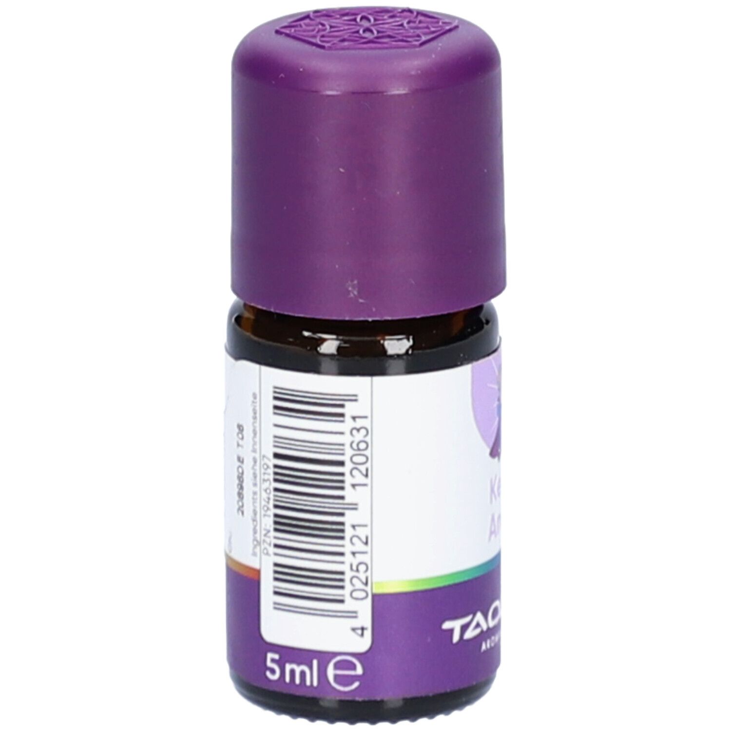 Flacon en verre brun avec bouchon violet. Étiquette avec code-barres et texte: 5 ml e. Inscription TAOASIS.