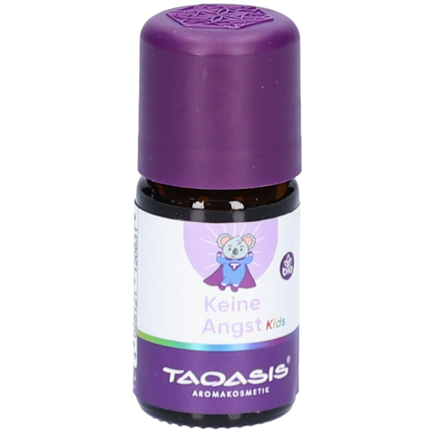 Flacon en verre brun avec bouchon violet. Étiquette avec texte: Keine Angst Kids, logo Bio et TAOASIS. Illustration d'un koala super-héros.