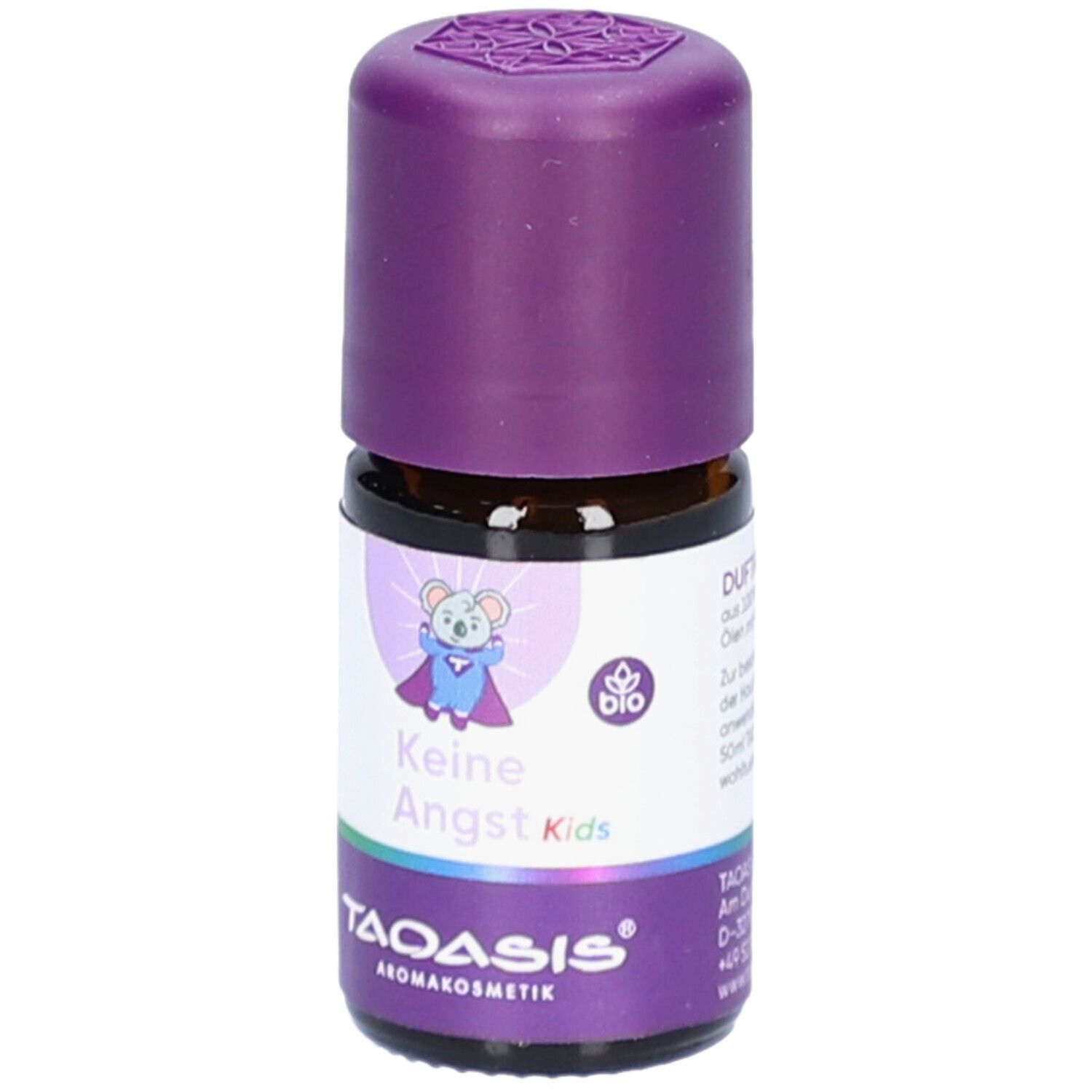 Flacon en verre brun avec bouchon violet. Étiquette avec texte: Keine Angst Kids, logo Bio et TAOASIS. Illustration d'un koala super-héros.