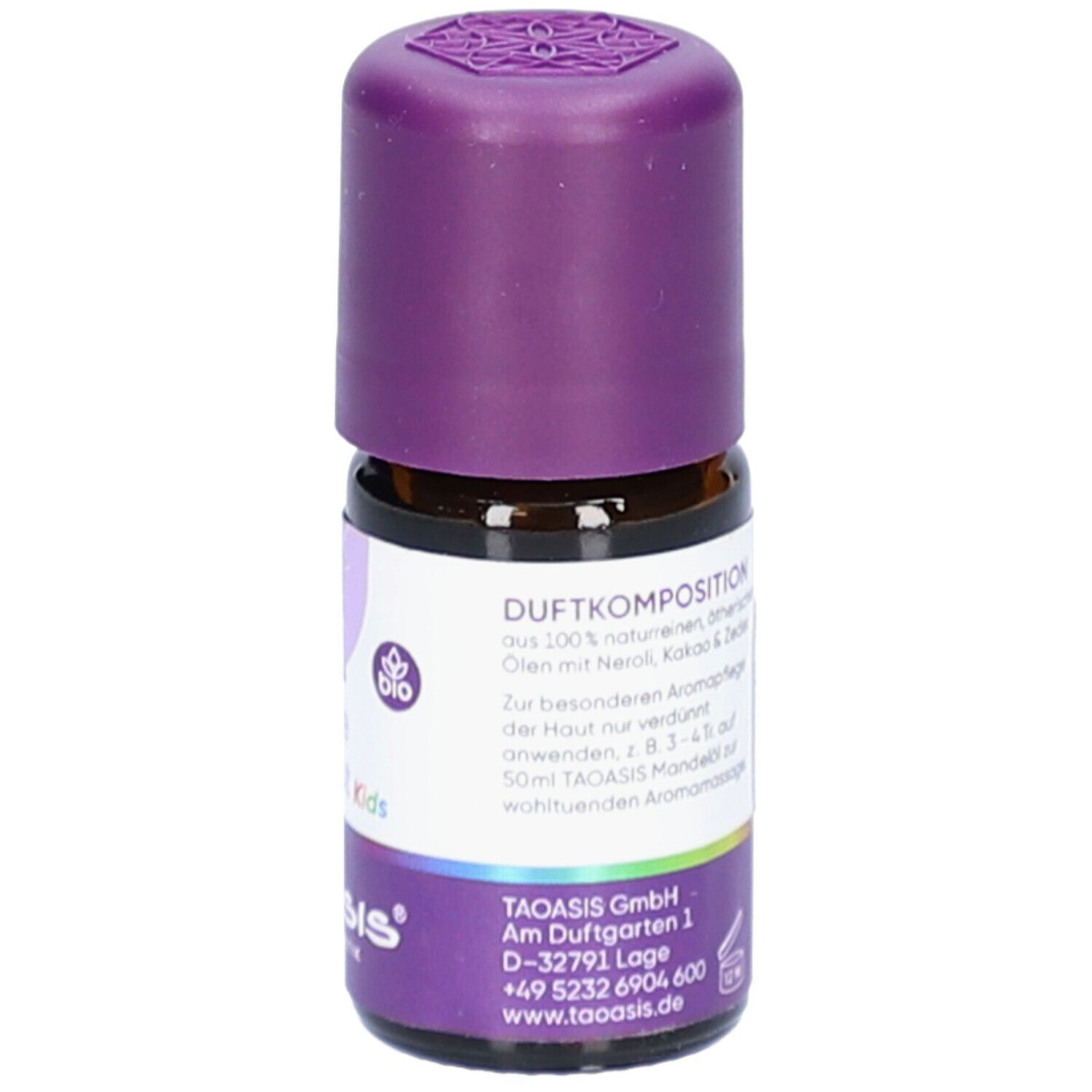 Flacon en verre brun avec bouchon violet. Étiquette avec texte: Composition parfumée, logo Bio, Keine Angst Kids, logo TAOASIS et adresse.