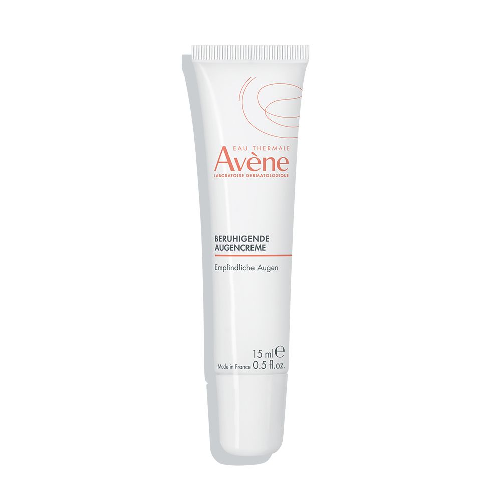 Tube blanc d'Avène Beruhigende Augencreme, 15 ml. Inscriptions: Eau Thermale Avène, Beruhigende Augencreme.