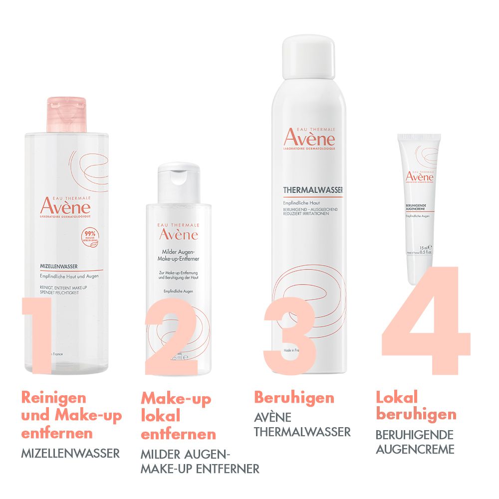 Quatre produits Avène: Eau micellaire, démaquillant, eau thermale, crème apaisante pour les yeux.