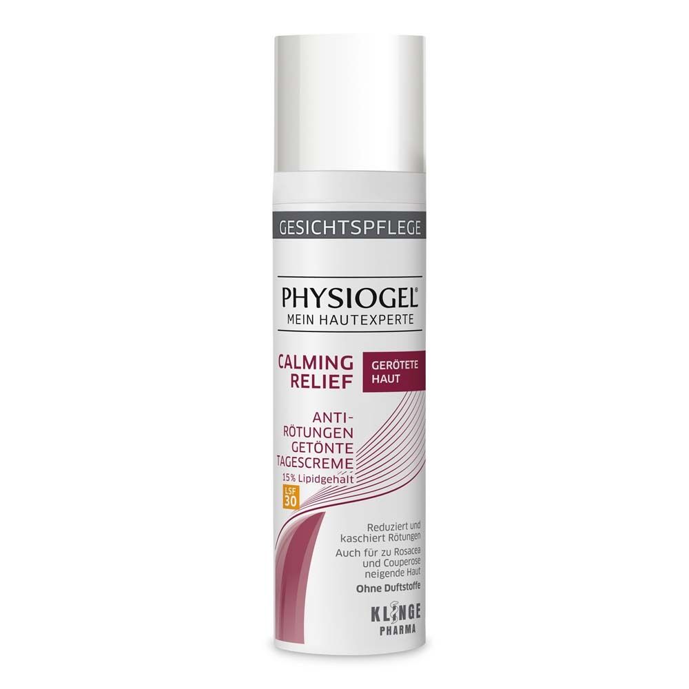 Tube blanche et grise avec PHYSIOGEL, Calming Relief, Anti-Rougeurs, crème de jour teintée SPF 30.