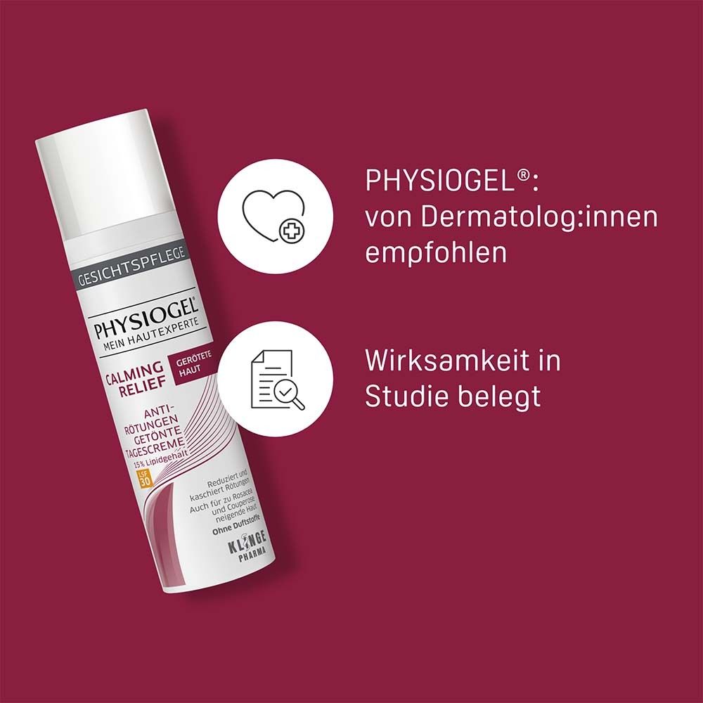 Texte sur fond rouge. PHYSIOGEL® recommandé par les dermatologues. Efficacité prouvée par des études. Logos et texte.