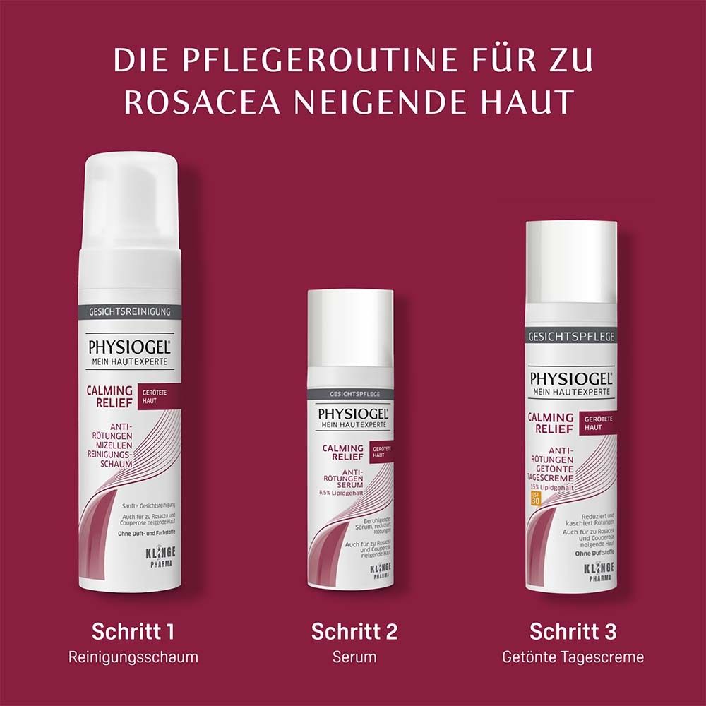 Trois produits côte à côte. PHYSIOGEL® Calming Relief. Mousse nettoyante, sérum, crème de jour teintée. Texte et logos.