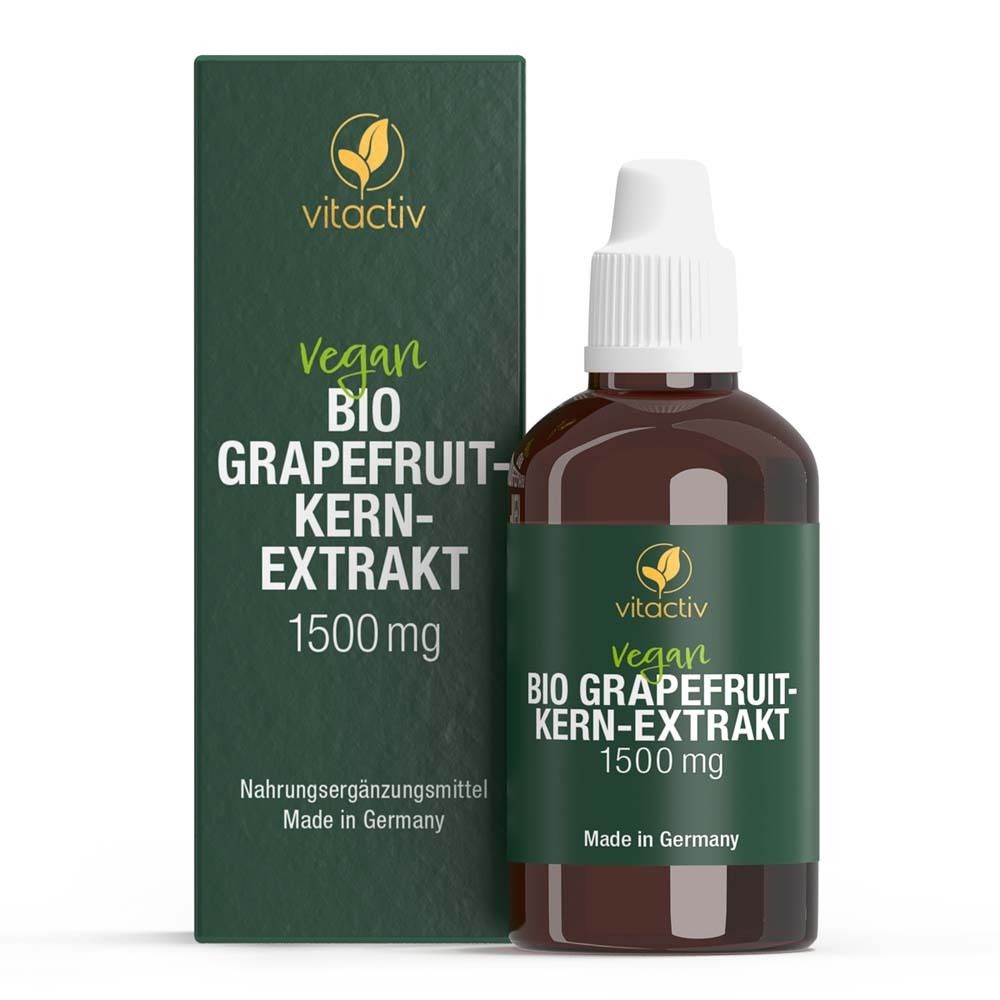 Flacon brun et emballage vert. Inscription : Vitactiv BIO GRAPEFRUIT-KERN-EXTRAKT 1500 mg. Vegan.