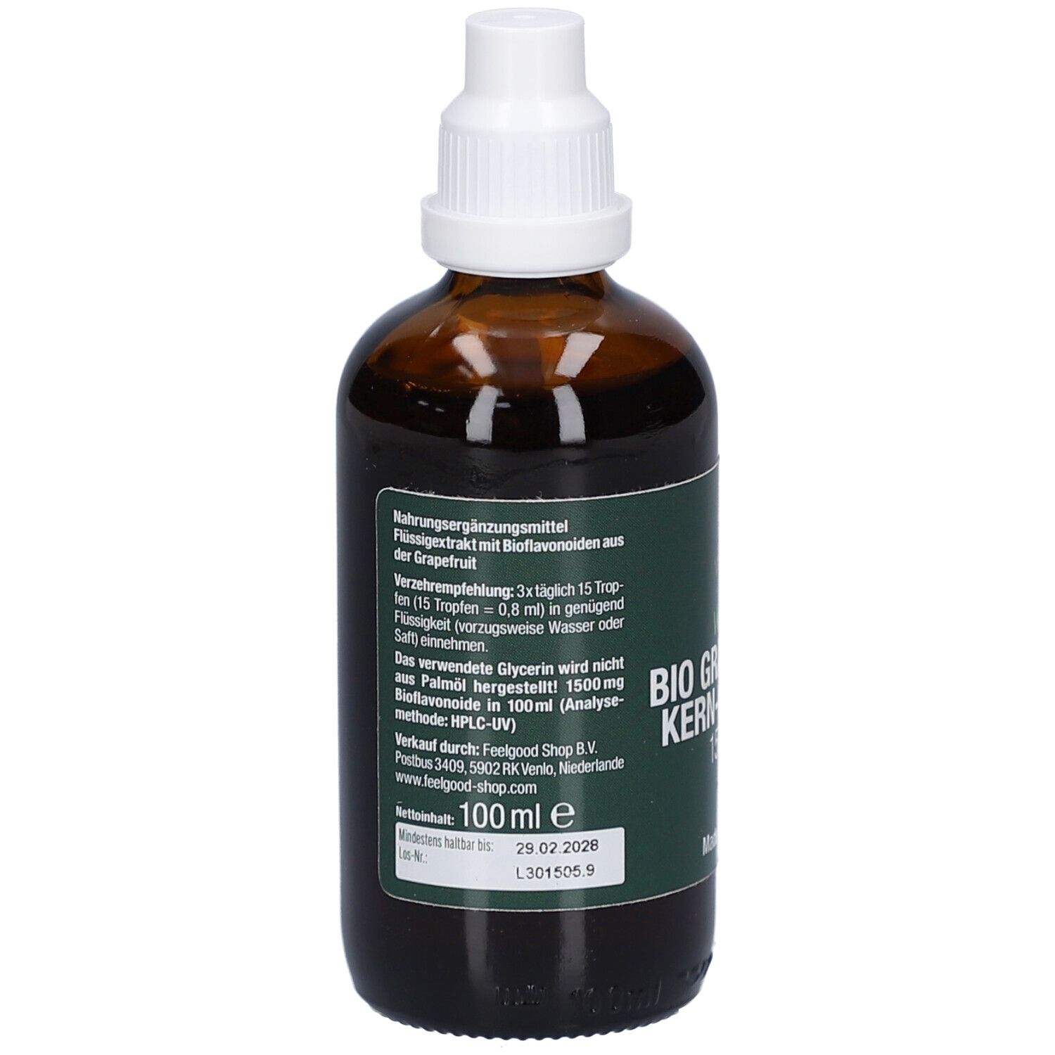 Flacon brun. Texte : 100 ml. Complément alimentaire aux bioflavonoïdes de pamplemousse.