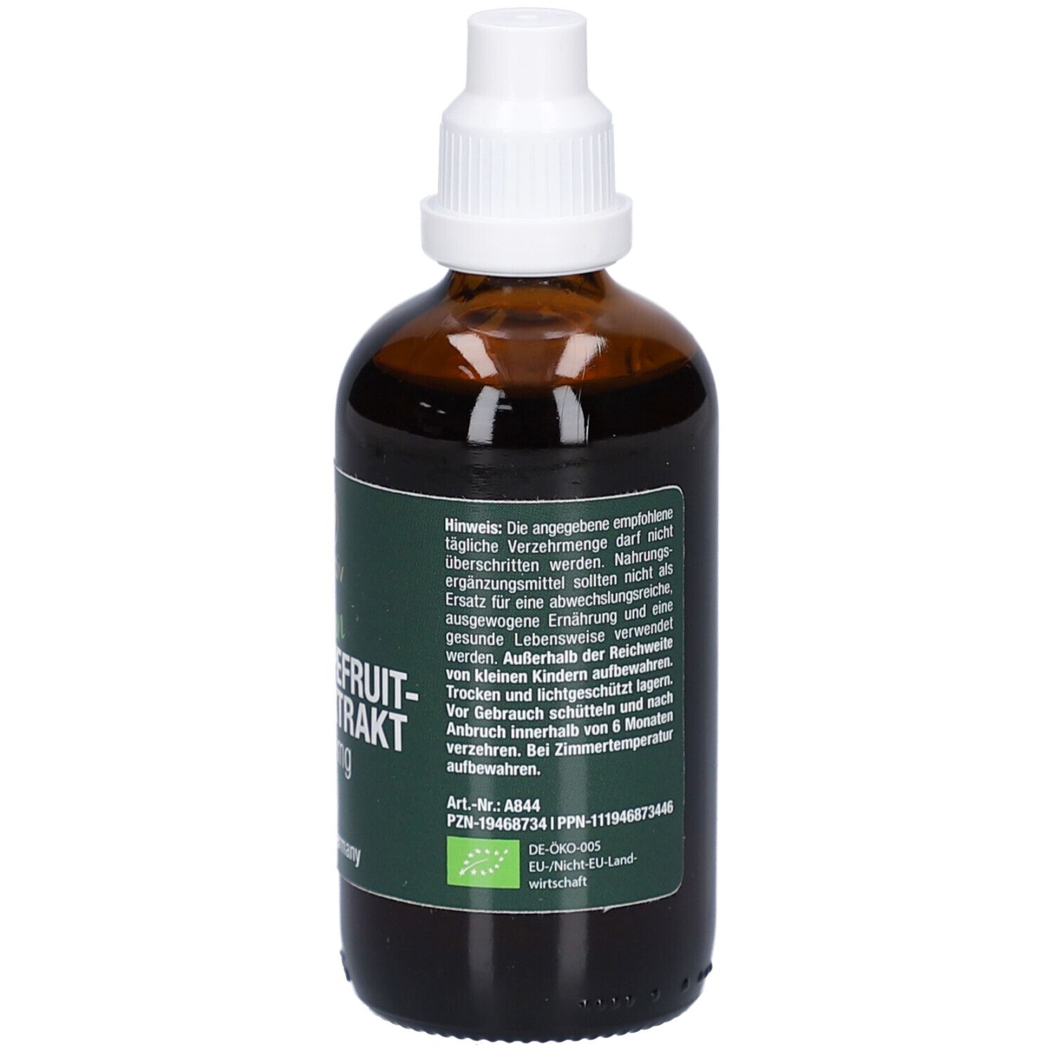 Flacon brun. Texte au dos. Conseils d'utilisation et de stockage.