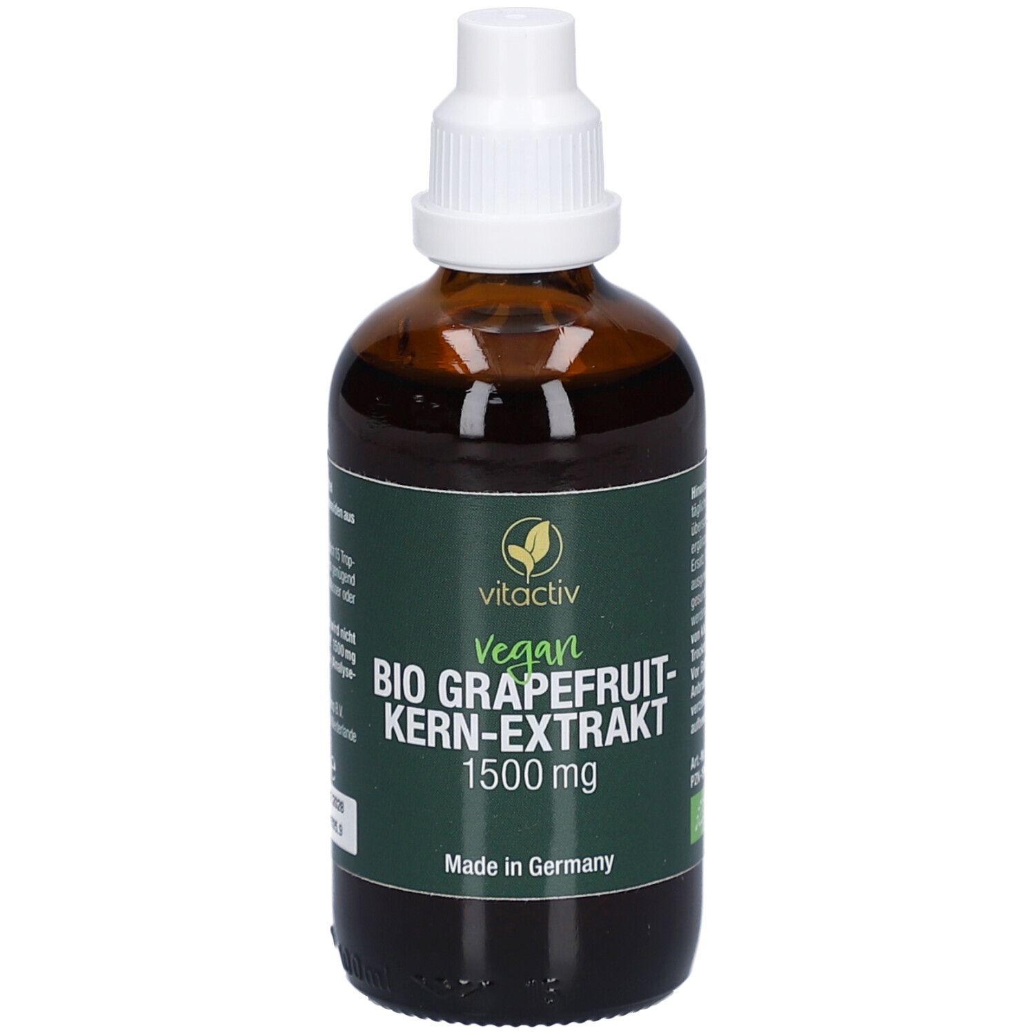 Flacon brun. Texte : Vitactiv Vegan BIO GRAPEFRUIT-KERN-EXTRAKT 1500 mg. Fabriqué en Allemagne.