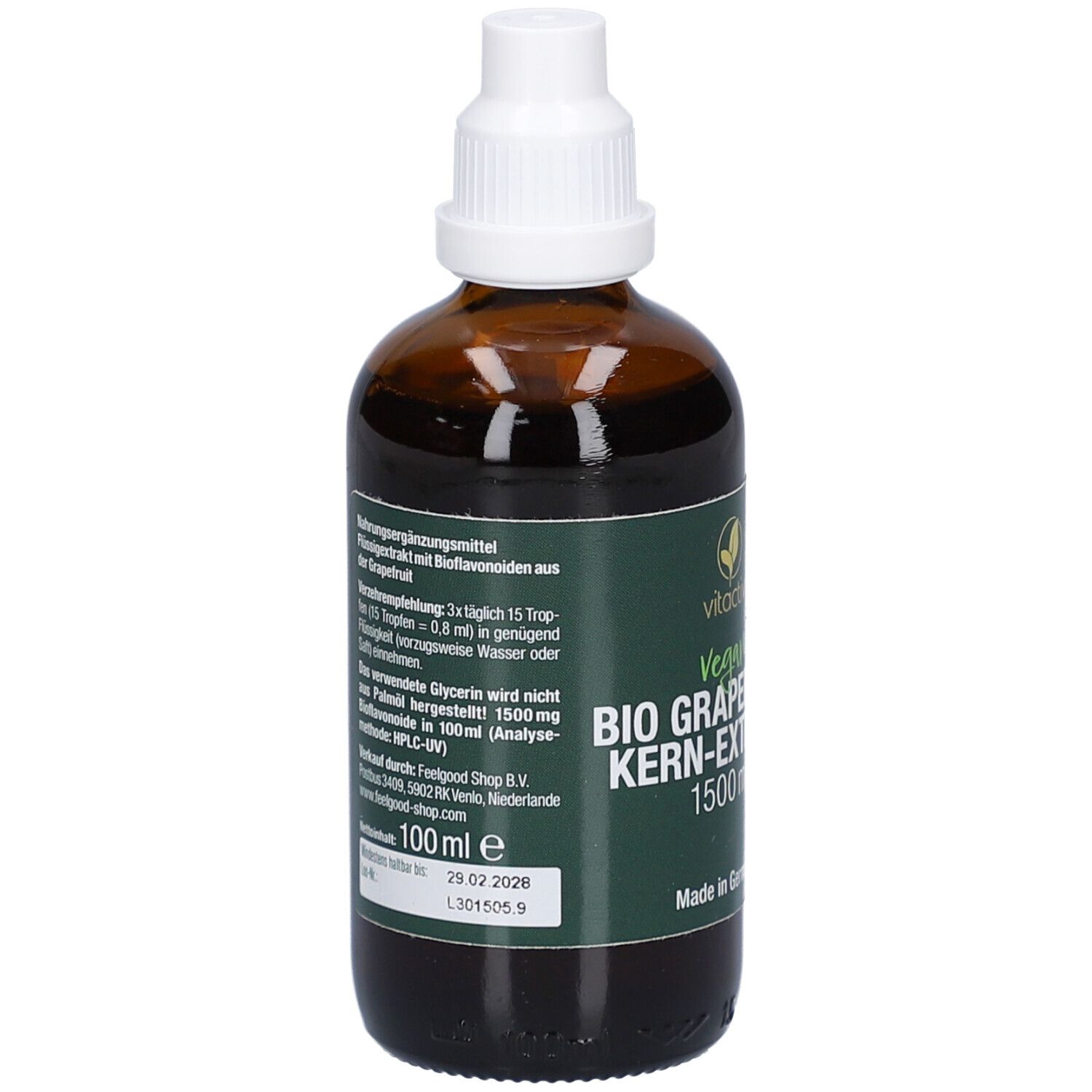 Flacon brun. Texte : 100 ml. Complément alimentaire aux bioflavonoïdes de pamplemousse.