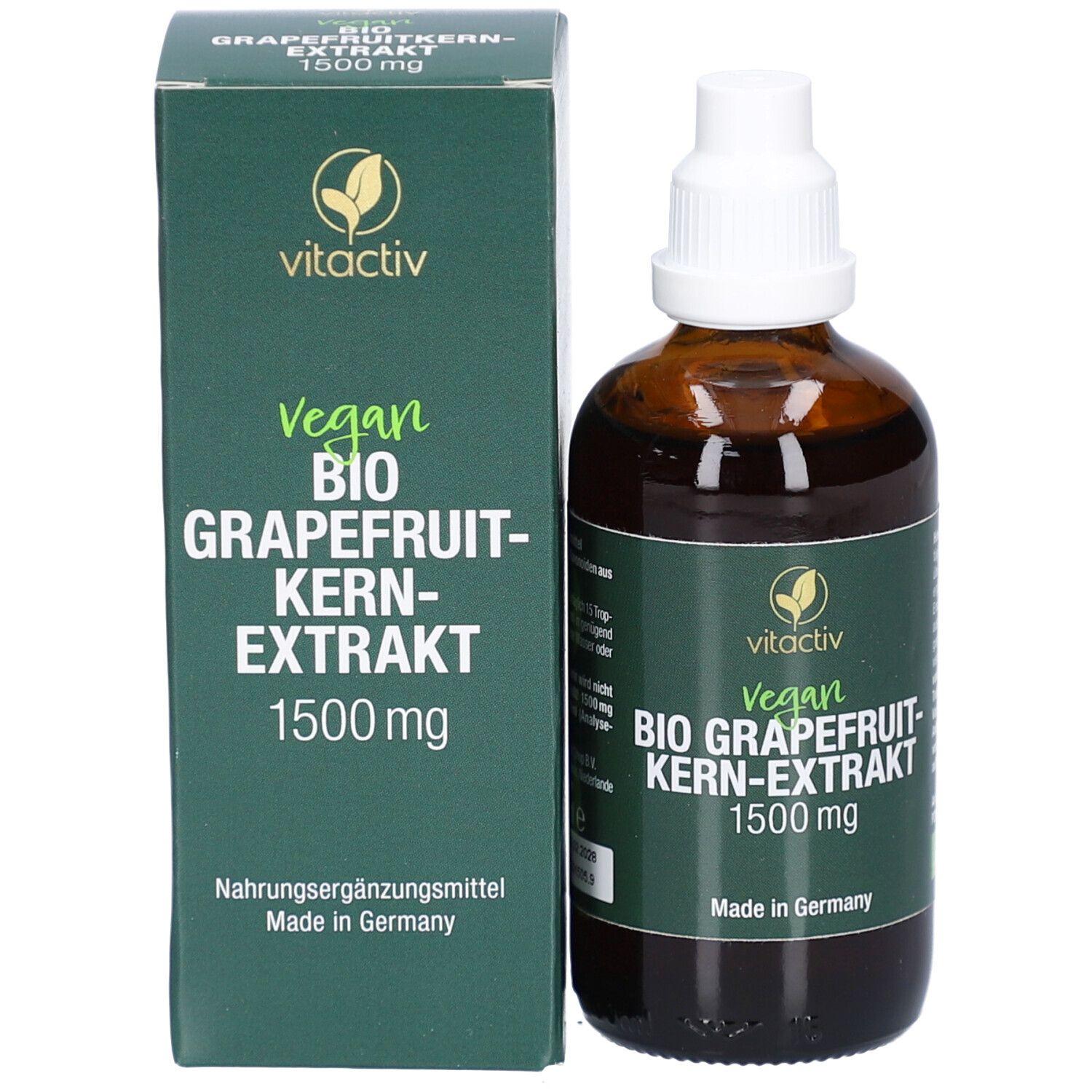 Flacon et emballage. Texte : Vitactiv BIO GRAPEFRUIT-KERN-EXTRAKT 1500 mg. Vegan.