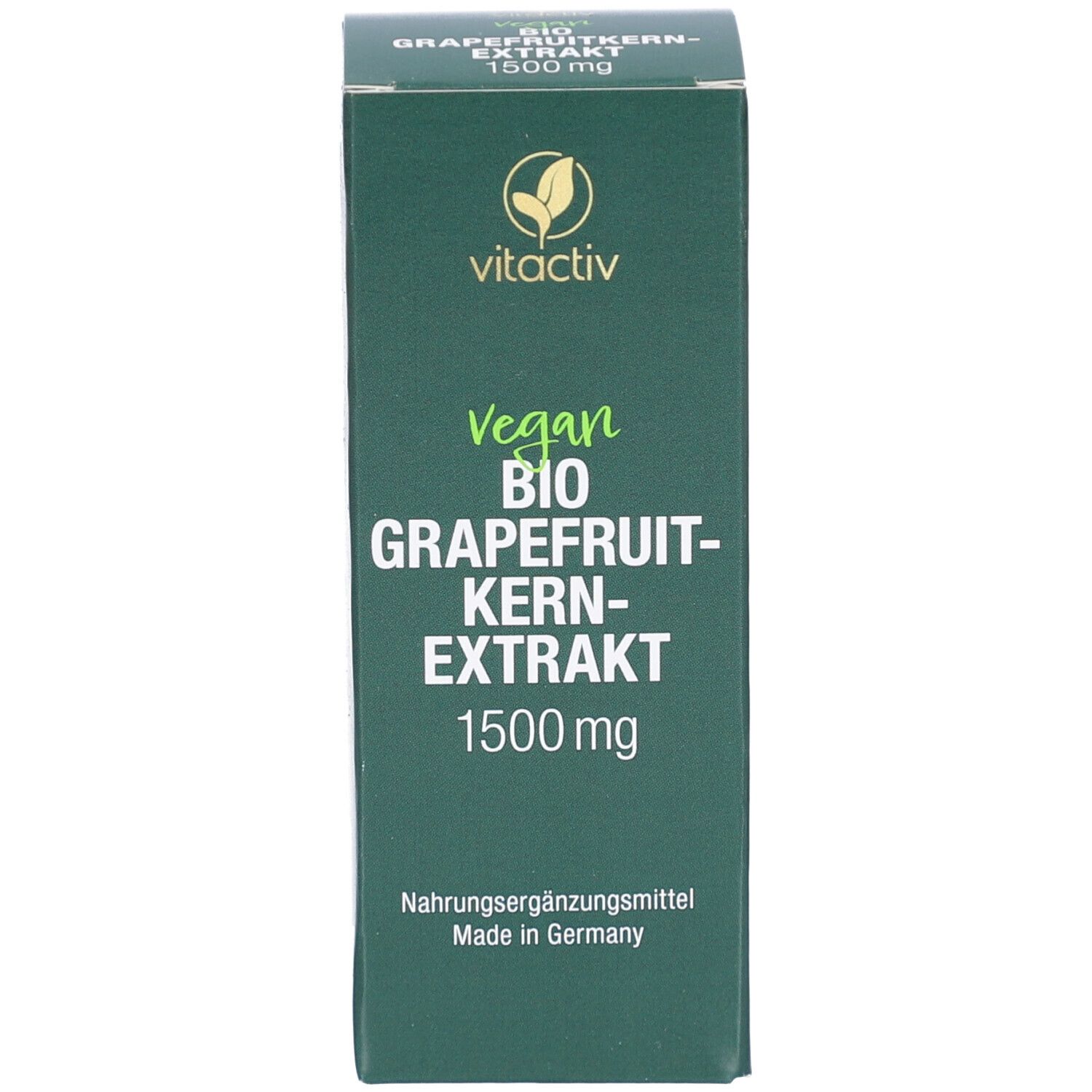 Emballage vert. Texte : Vitactiv BIO GRAPEFRUIT-KERN-EXTRAKT 1500 mg. Vegan.