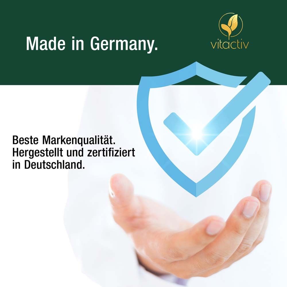 Mains tenant un bouclier bleu avec une coche. Texte : Meilleure qualité de marque. Fabriqué en Allemagne.