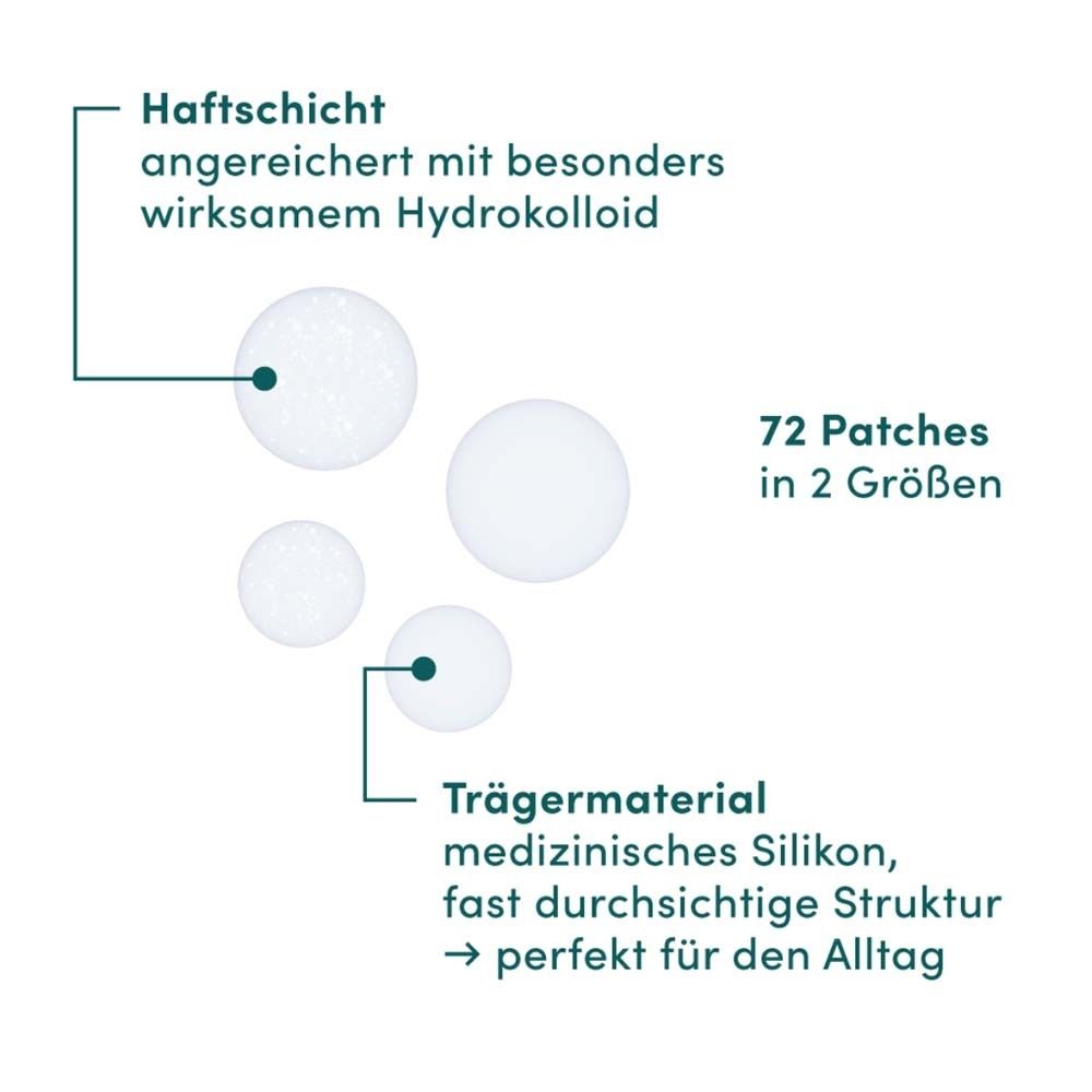 Gros plan sur les patchs anti-boutons. 72 pièces en 2 tailles. Patchs hydrocolloïdes. Silicone médical.