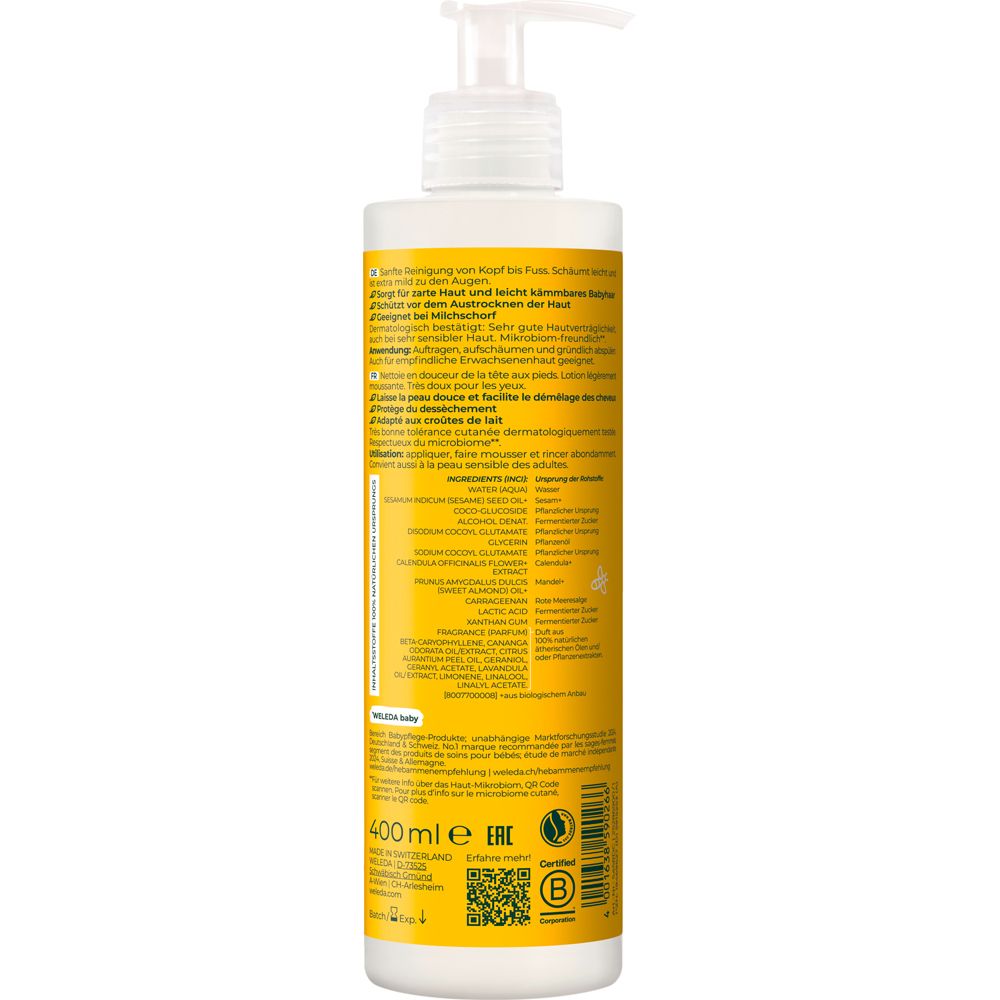 Rückseite der gelben Flasche. Text in mehreren Sprachen. 400ml. Zertifizierungen und QR-Code.