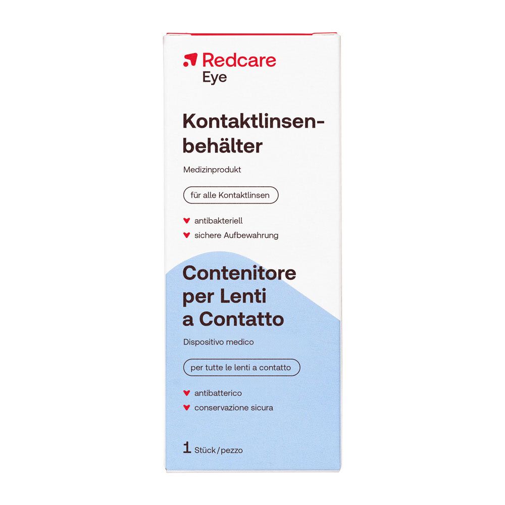 Redcare Eye Kontaktlinsenbehälter Verpackung. Medizinprodukt für alle Kontaktlinsen, antibakteriell, sichere Aufbewahrung.