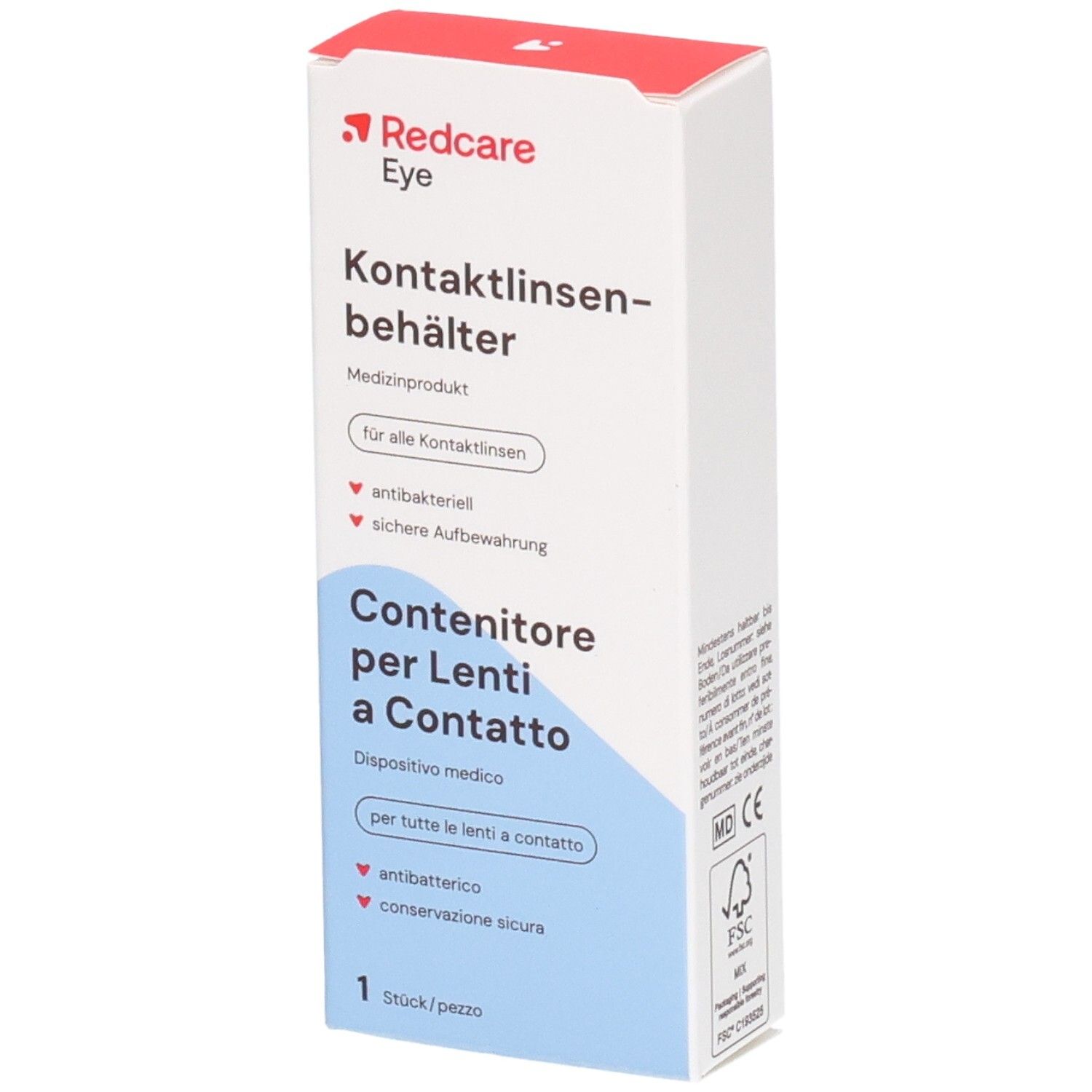 Verpackung für Kontaktlinsenbehälter. Weiß mit roter und blauer Schrift. Enthält Produktinformationen in Deutsch und Italienisch.