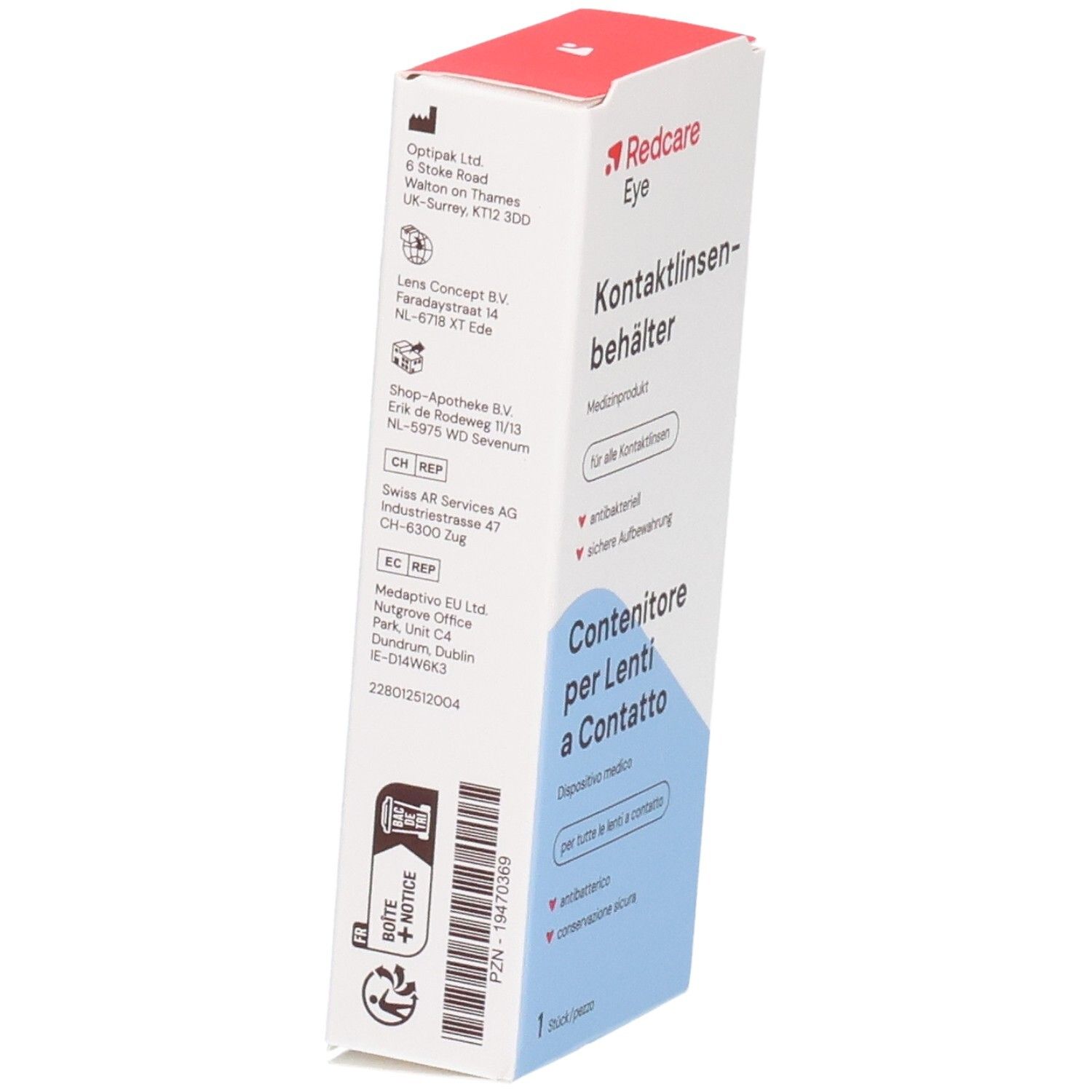 Schrägansicht der Verpackung für Kontaktlinsenbehälter. Enthält Informationen über Hersteller und Zertifizierungen.