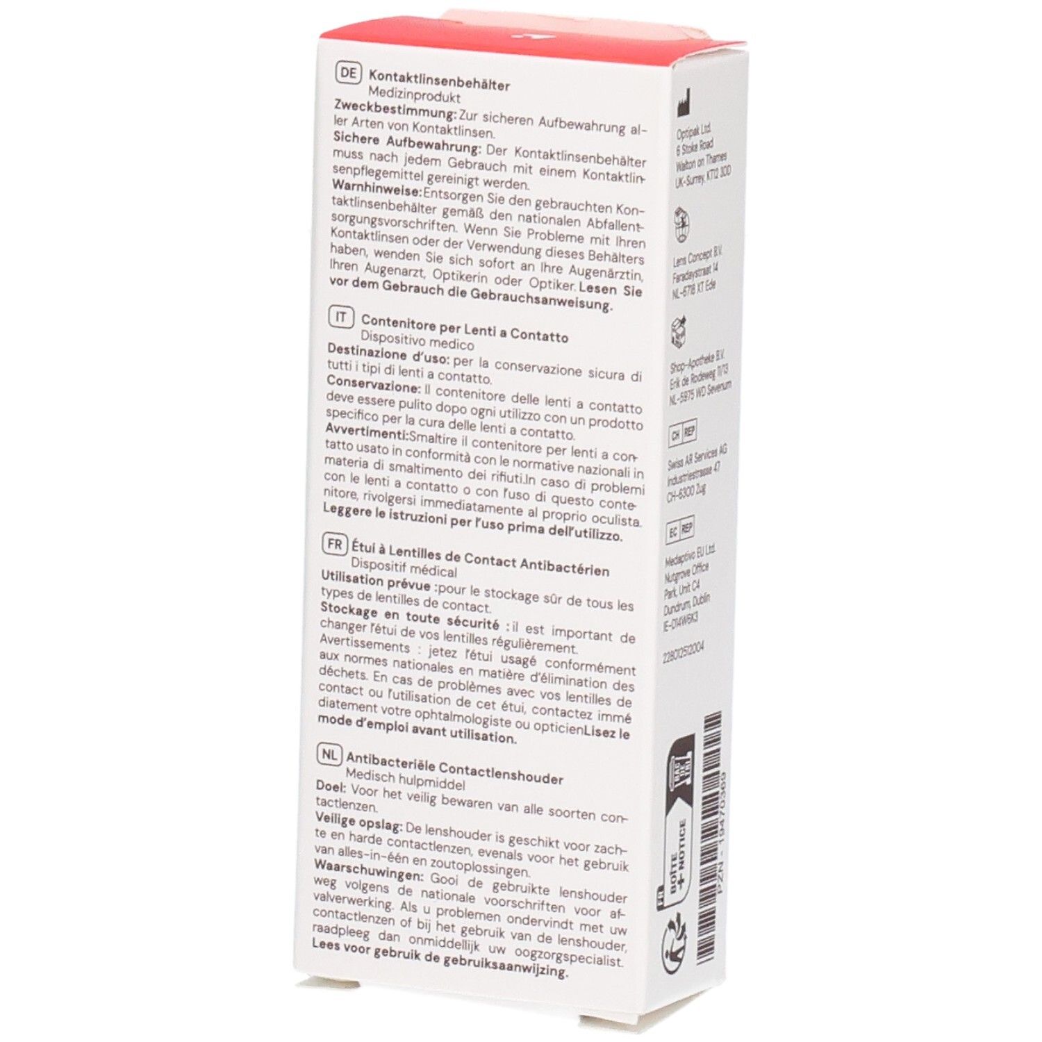 Rückseite der Verpackung für Kontaktlinsenbehälter. Enthält Gebrauchsanweisungen in mehreren Sprachen.