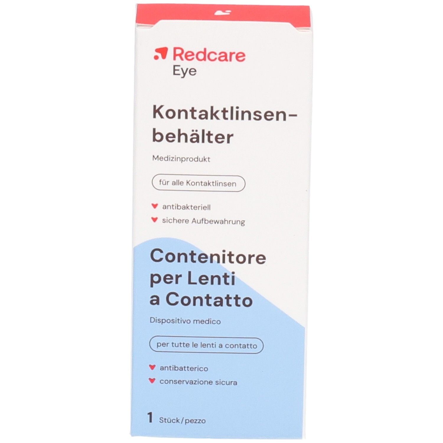 Verpackung für Kontaktlinsenbehälter. Weiß mit roter und blauer Schrift. Enthält Produktinformationen in Deutsch und Italienisch.