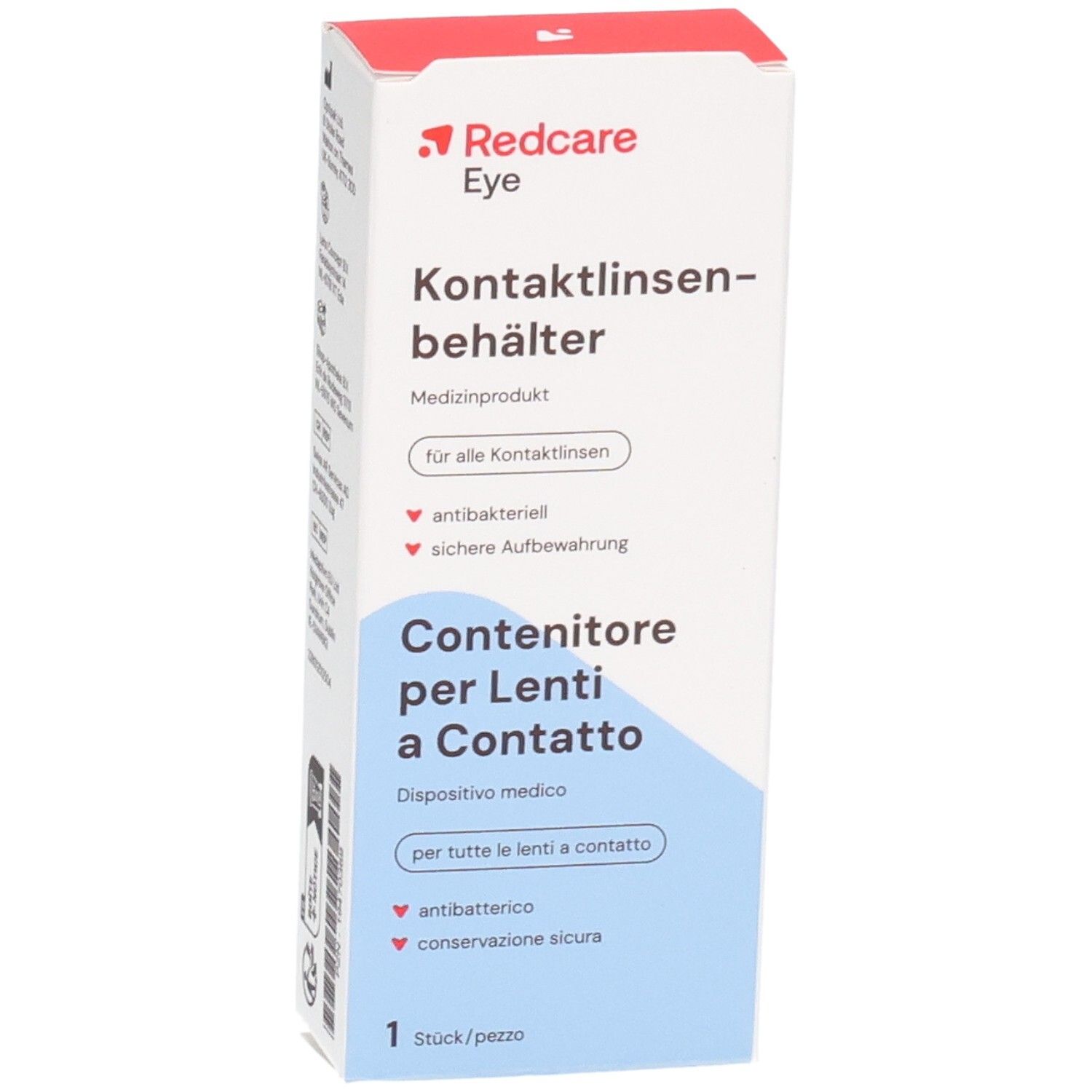 Verpackung für Kontaktlinsenbehälter. Weiß mit roter und blauer Schrift. Enthält Produktinformationen in Deutsch und Italienisch.