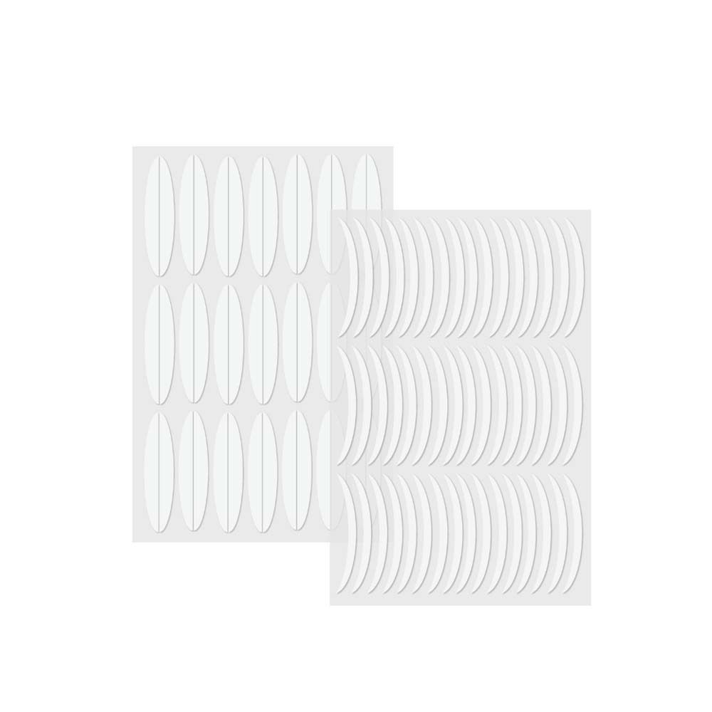 Zwei Blätter mit ovalen, transparenten Augenlid-Tapes. Jedes Blatt enthält mehrere Tapes.