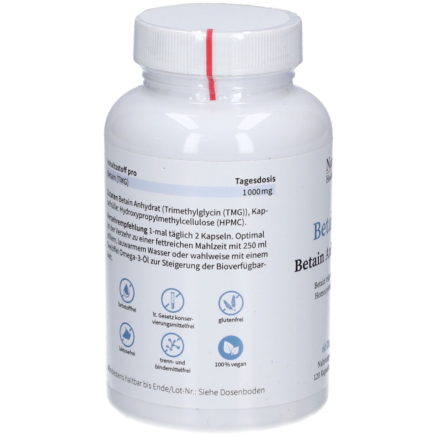 Dos de la bouteille. Inscription : Dose quotidienne 1000mg de bétaïne. Label vegan. Sans gluten. 100% végétalien. Ingrédients.