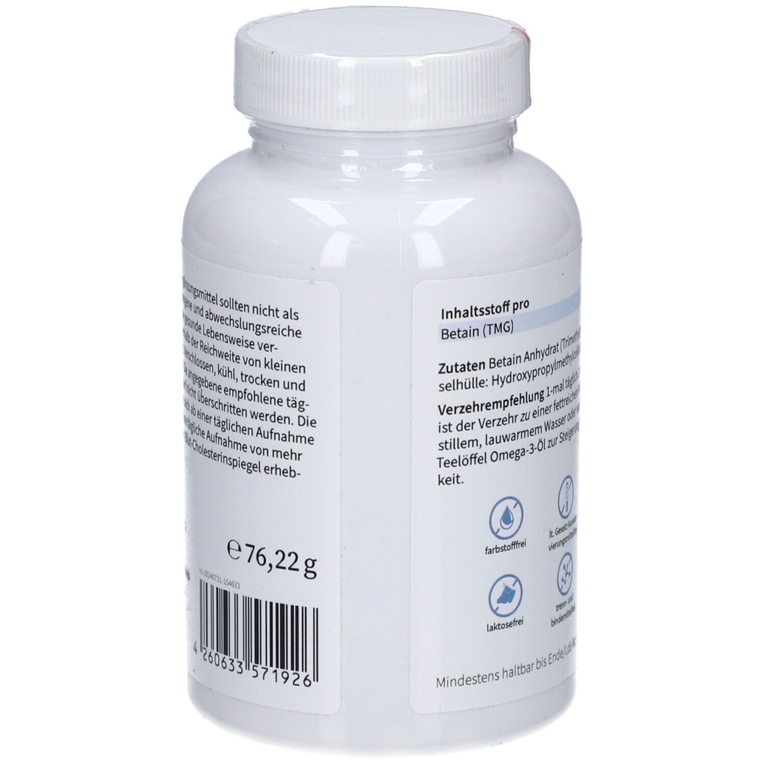 Dos de la bouteille. Inscriptions : Ingrédients, recommandation de consommation. Poids : 76,22g. Code-barres. A consommer de préférence avant...