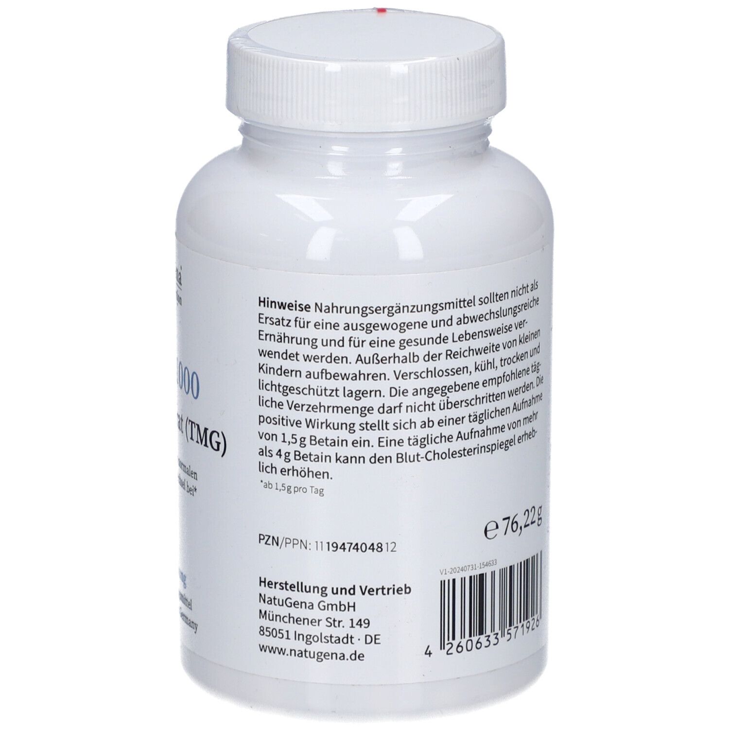 Dos de la bouteille. Inscriptions : Ingrédients, recommandation de consommation. Poids : 76,22g. Code-barres. A consommer de préférence avant...