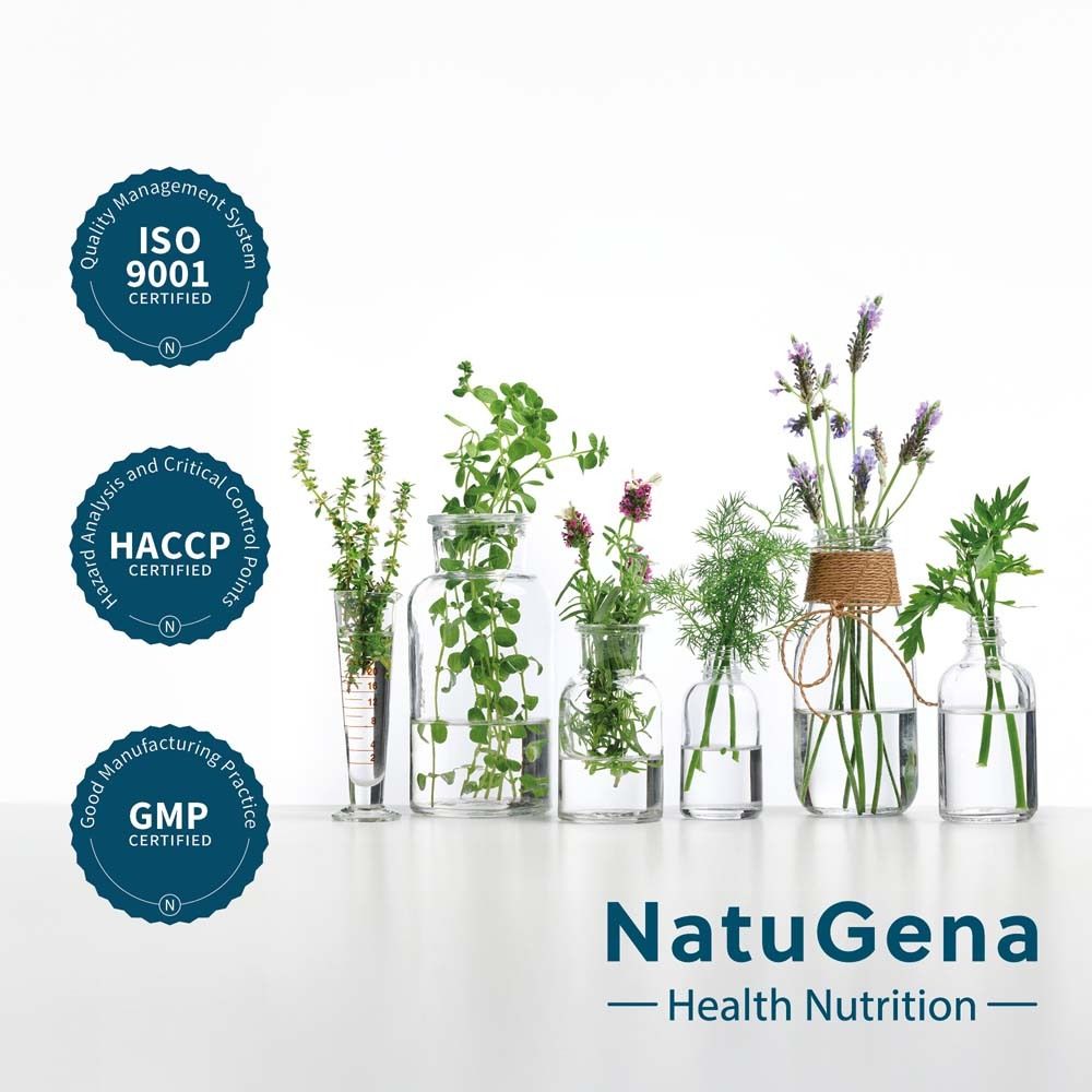 Zertifizierungen: ISO 9001, HACCP, GMP. Logo: NatuGena - Health Nutrition. Kräuter in Vasen.