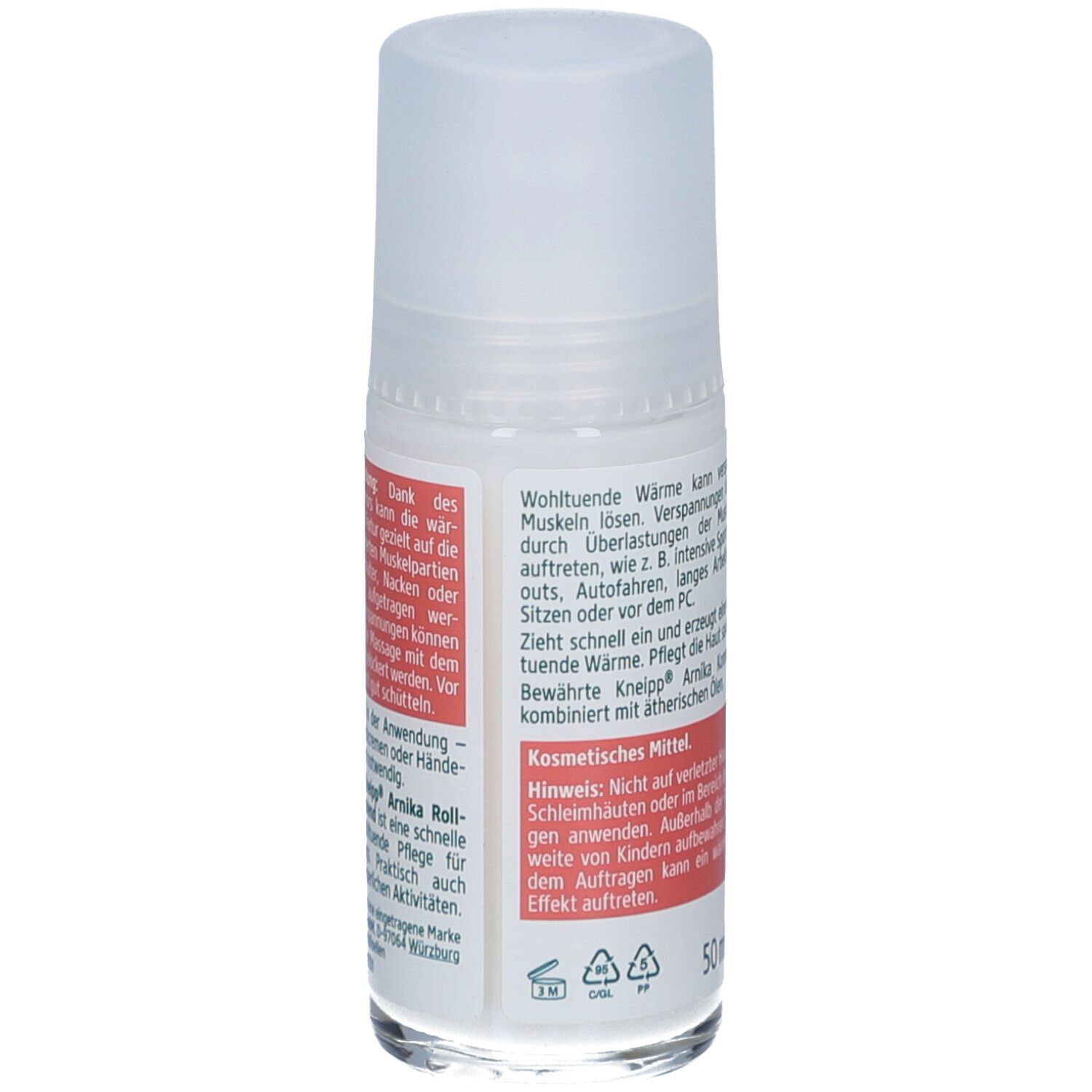 Roll-on-Flasche mit weißem Deckel. Etikett mit Produktinformationen. Rückansicht.