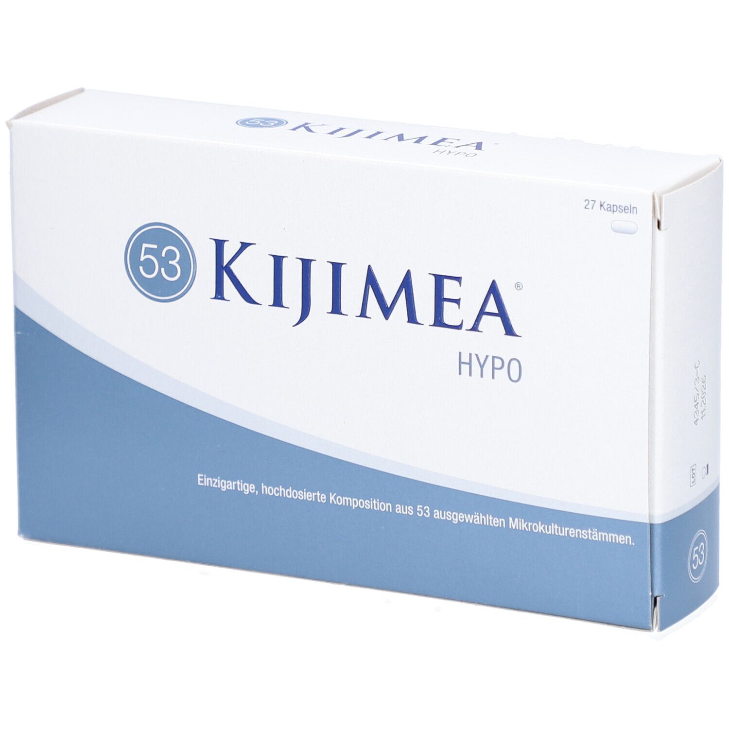 Boîte de Kijimea Hypo. Boîte blanche avec bande bleue. Logo et texte Kijimea Hypo.