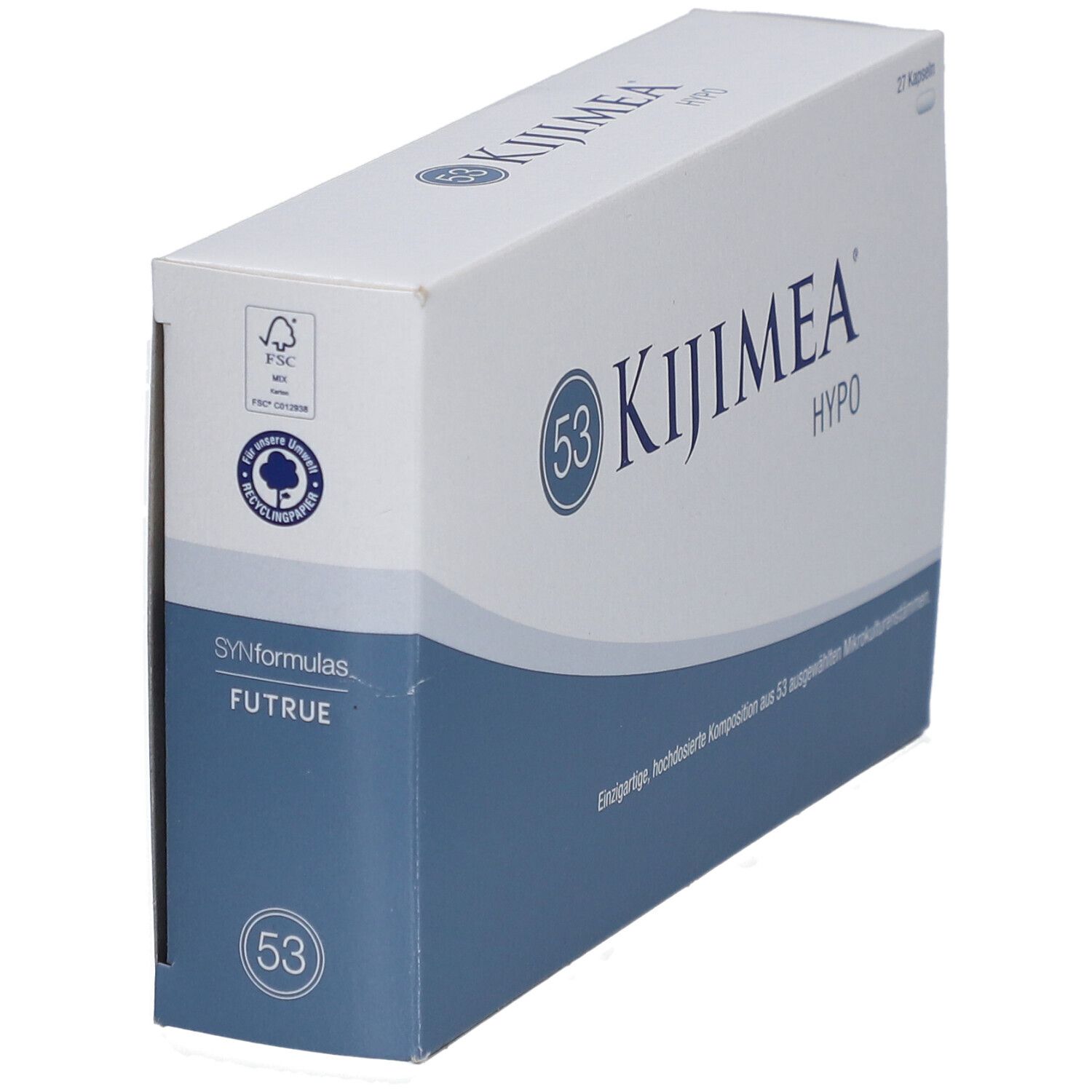 Boîte de Kijimea Hypo. Boîte blanche avec bande bleue. Logo et texte Kijimea Hypo.