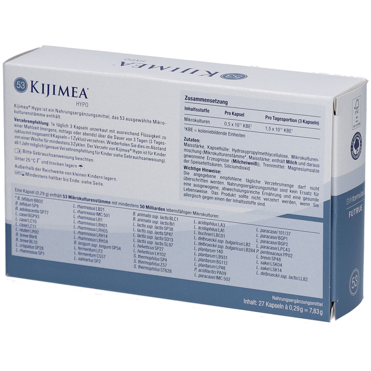 Dos de la boîte Kijimea Hypo. Contient des informations sur les ingrédients et le dosage.