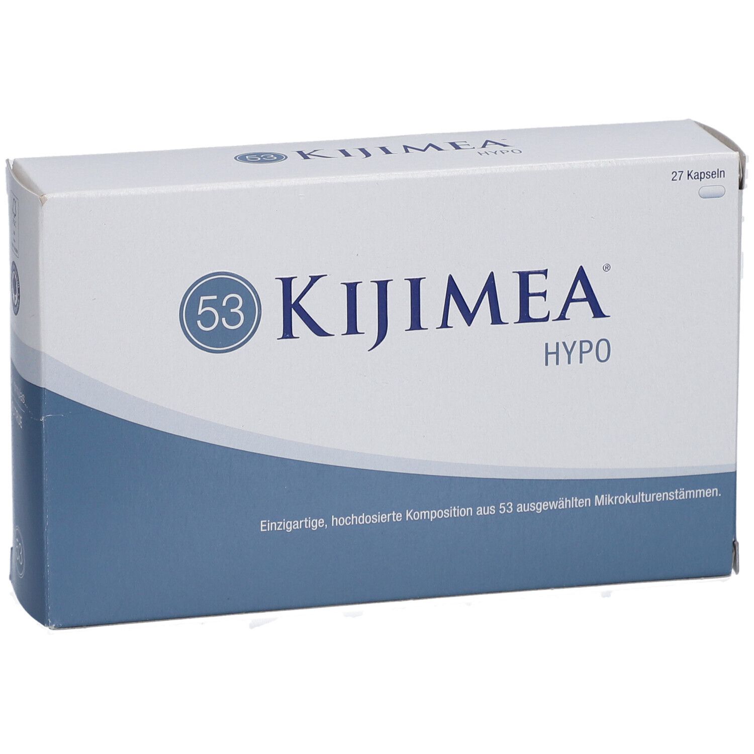 Boîte de Kijimea Hypo. Boîte blanche avec bande bleue. Logo et texte Kijimea Hypo.