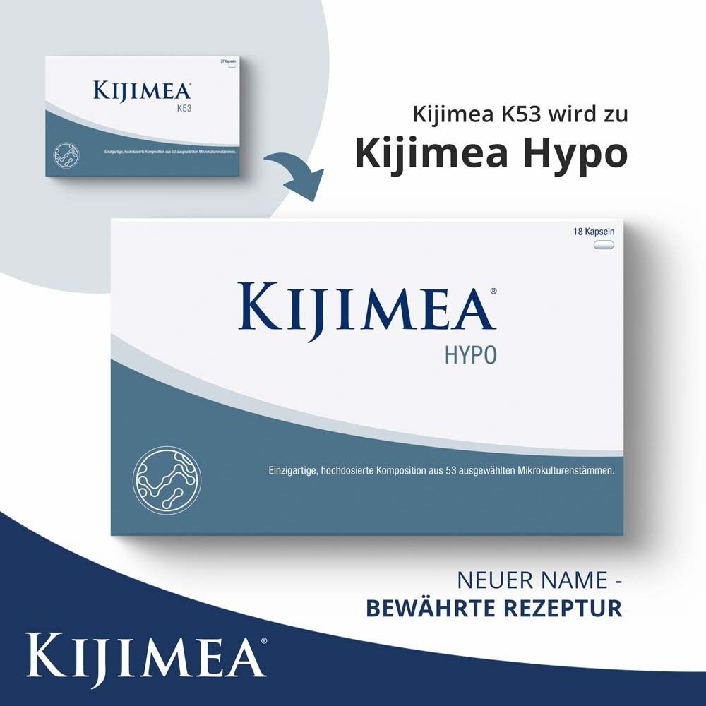 Comparaison de Kijimea K53 et Kijimea Hypo. Kijimea K53 devient Kijimea Hypo. Texte: Nouveau nom - Recette éprouvée.