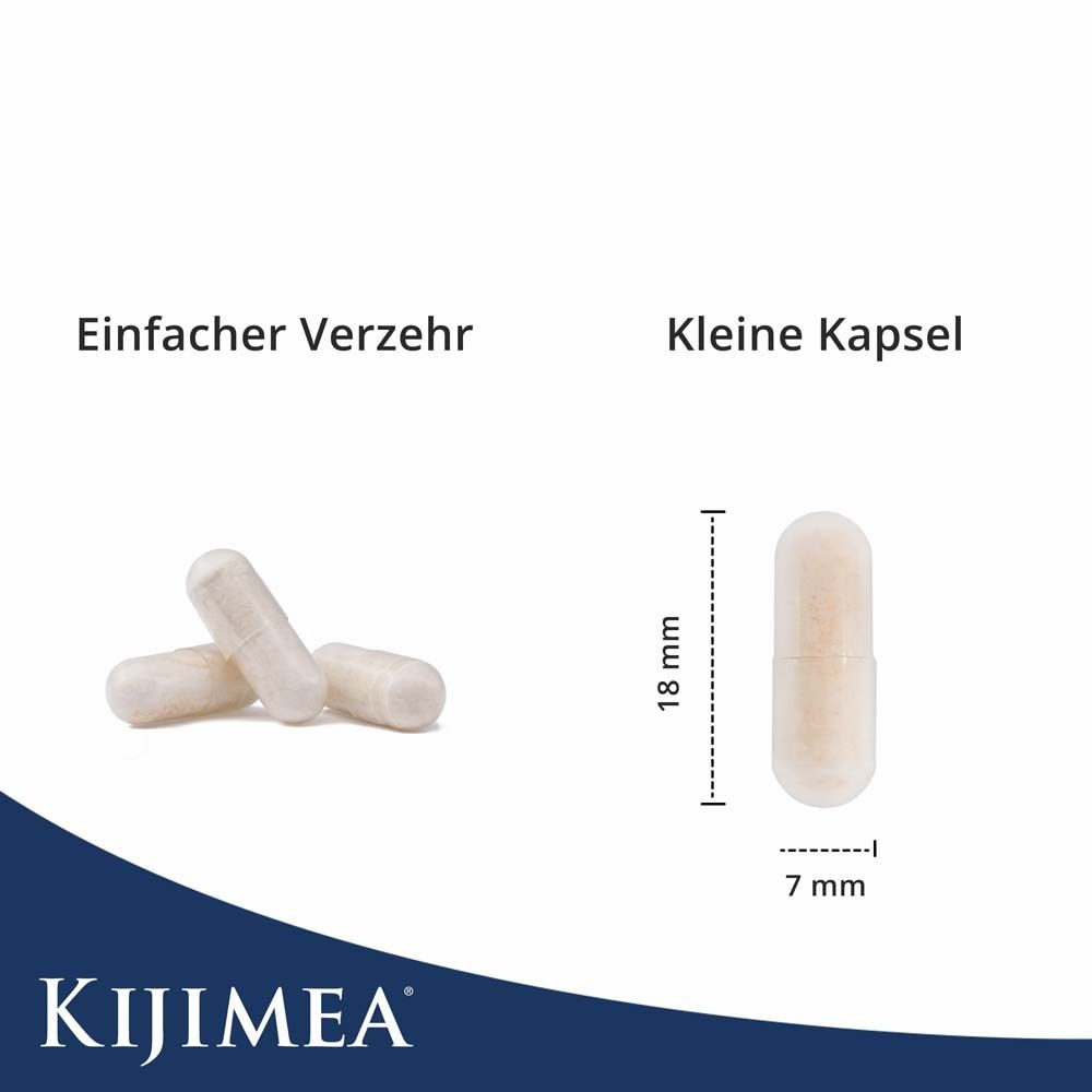 Drei Kapseln neben Größenangaben. Text: Einfacher Verzehr, Kleine Kapsel. Maße: 18 mm x 7 mm.