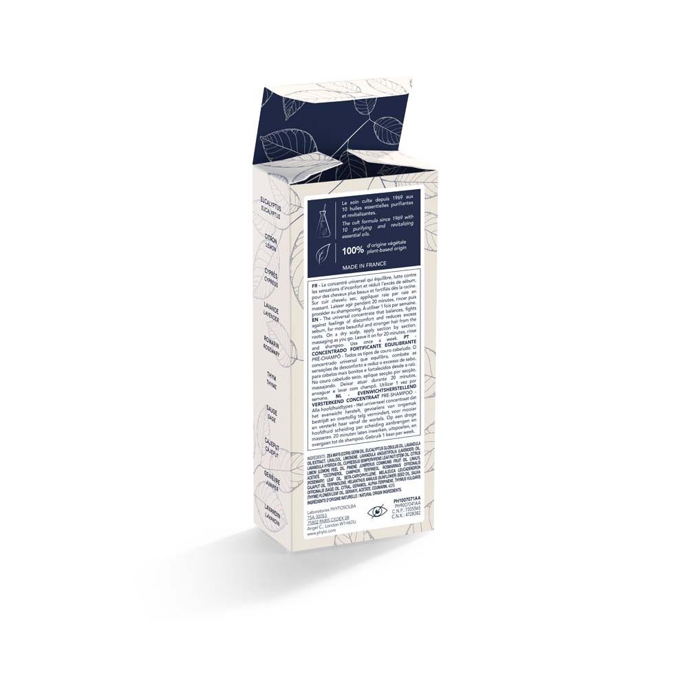 Geöffnete weiße Schachtel mit Text. Aufschrift: PHYTO PARIS, Polleine, Solution Cuir Chevelu. Mit Blättermuster.
