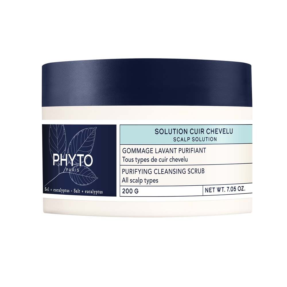 Pot blanc avec couvercle bleu. Inscription PHYTO PARIS. Texte: SOLUTION CUIR CHEVELU, GOMMAGE LAVANT PURIFIANT, PURIFYING CLEANSING SCRUB.
