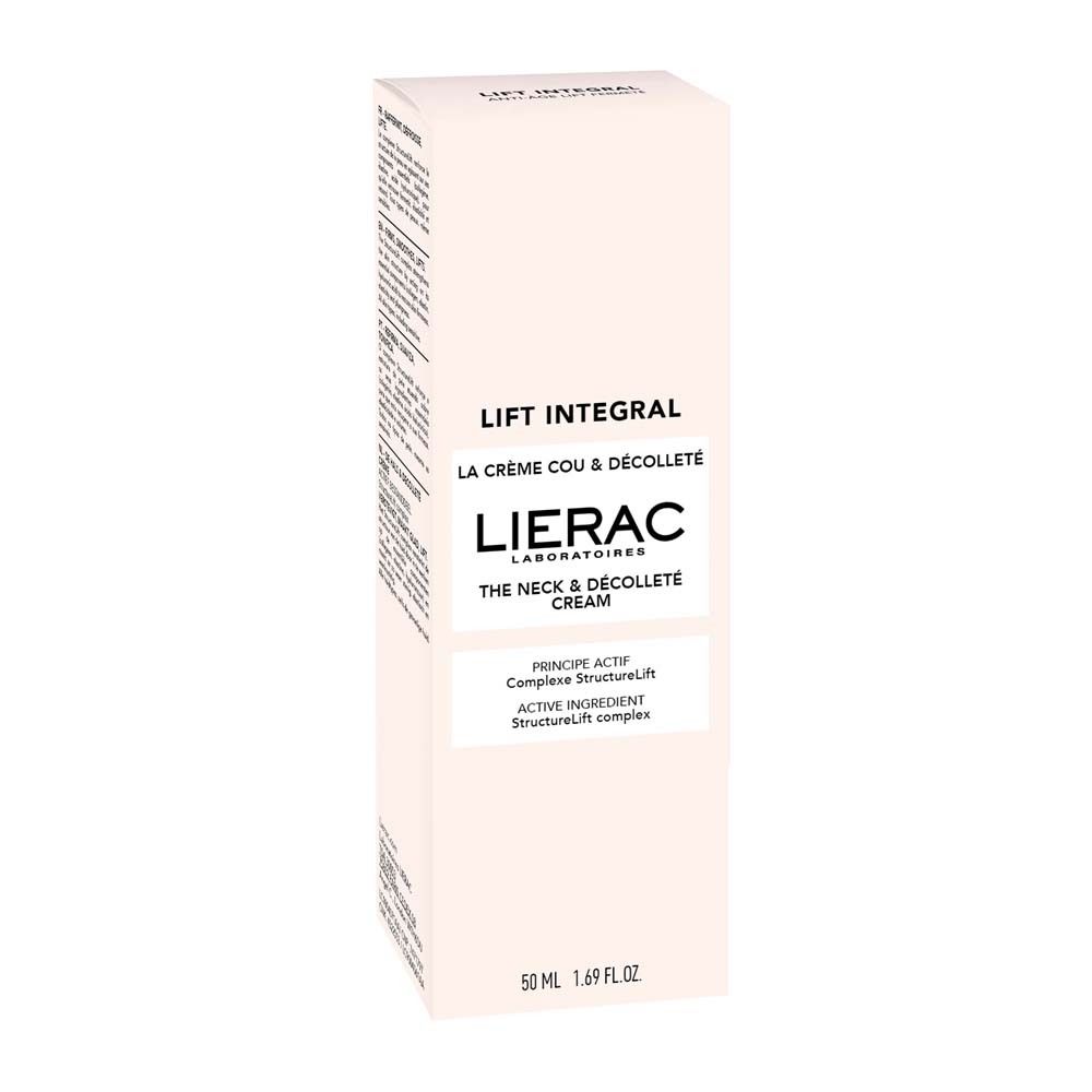 Weißer Karton. Aufschrift: LIFT INTEGRAL, LIERAC, LA CREME COU & DÉCOLLETÉ, THE NECK & DÉCOLLETÉ CREAM. 50 ml.
