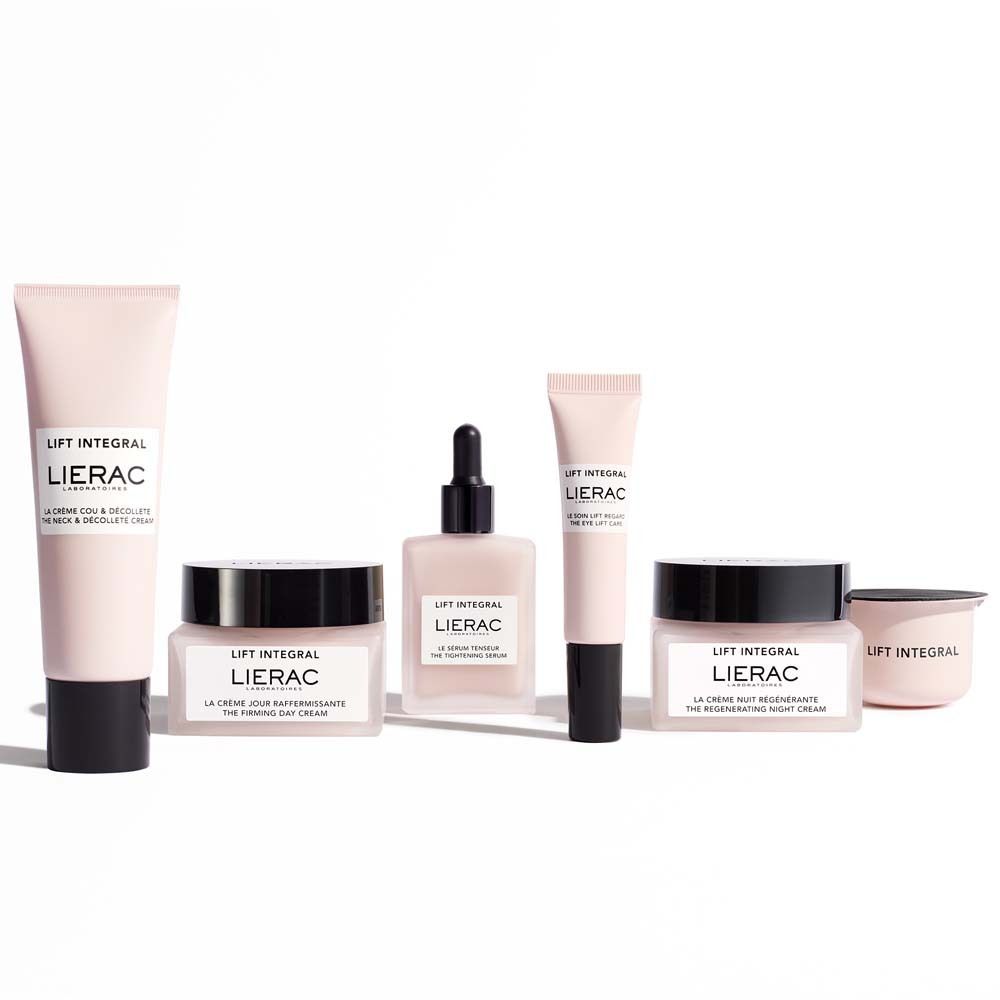 Verschiedene LIERAC-Produkte: Creme-Tube, Cremes, Serum, Augencreme. Aufschrift: LIFT INTEGRAL.